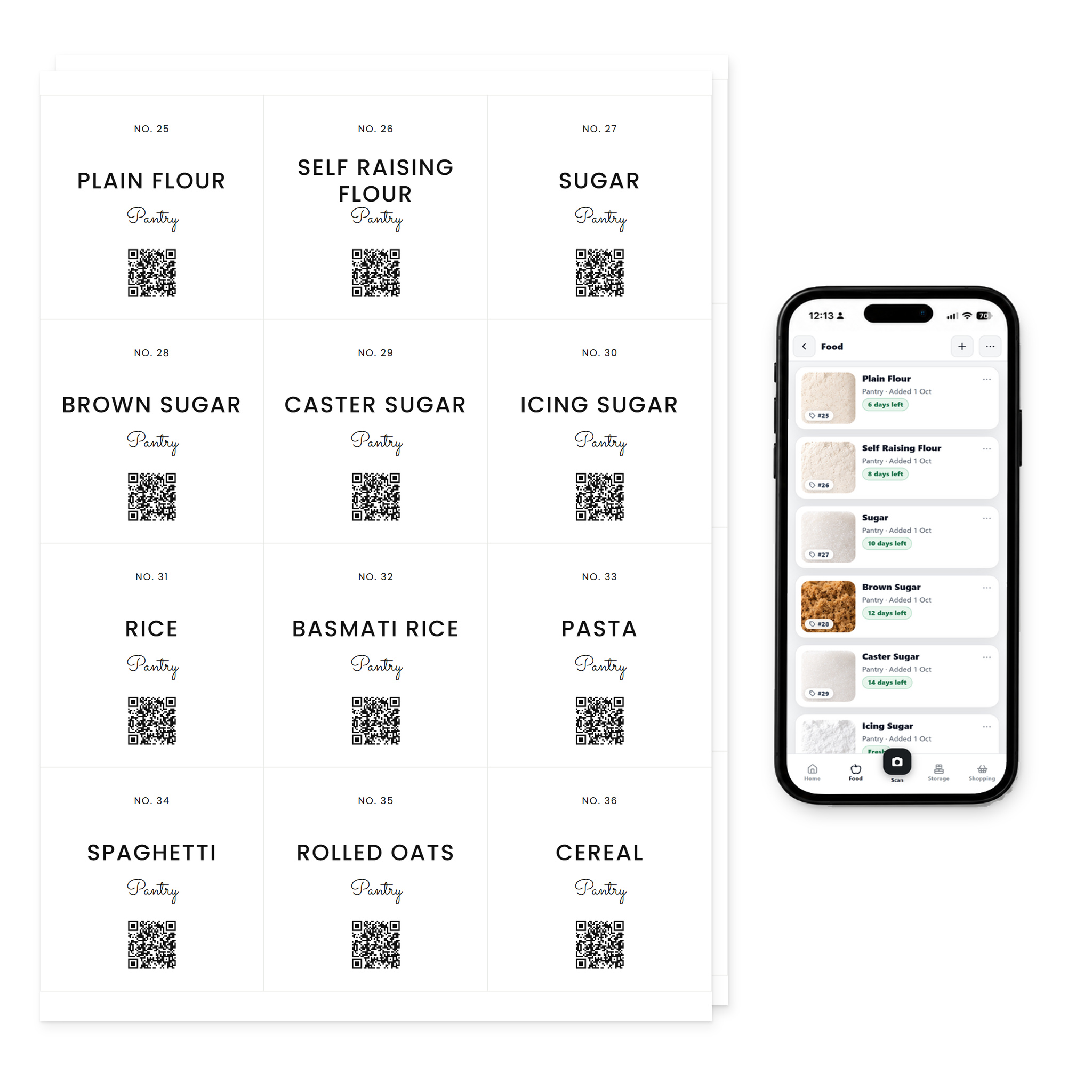 QR Pantry Smart Pantry Labels, Everyday Pantry, Capri Collection: two sheets of 12 labels beside a phone showing the QR Pantry app