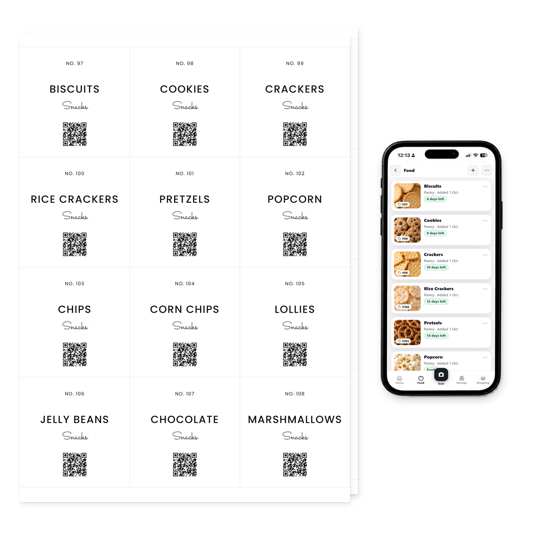 QR Pantry Smart Pantry Labels, Snacks and Treats, Capri Collection: two sheets of 12 labels beside a phone showing the QR Pantry app