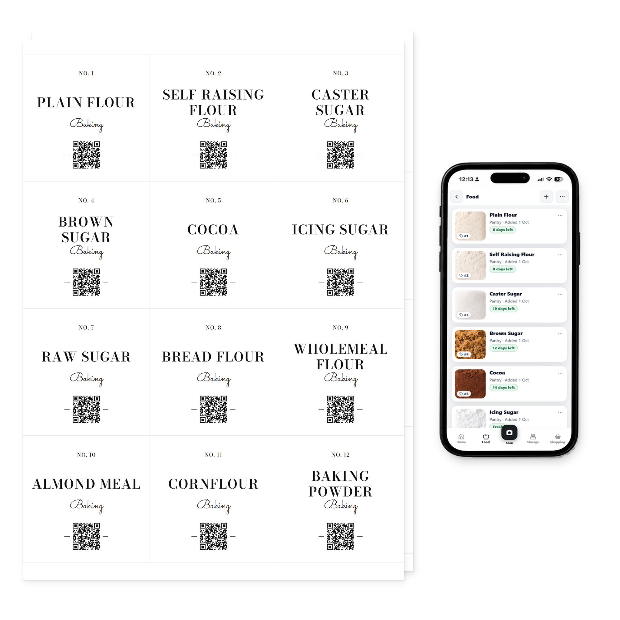 QR Pantry Smart Pantry Labels, Baking, Monte Carlo Collection: two sheets of 12 labels beside a phone showing the QR Pantry app