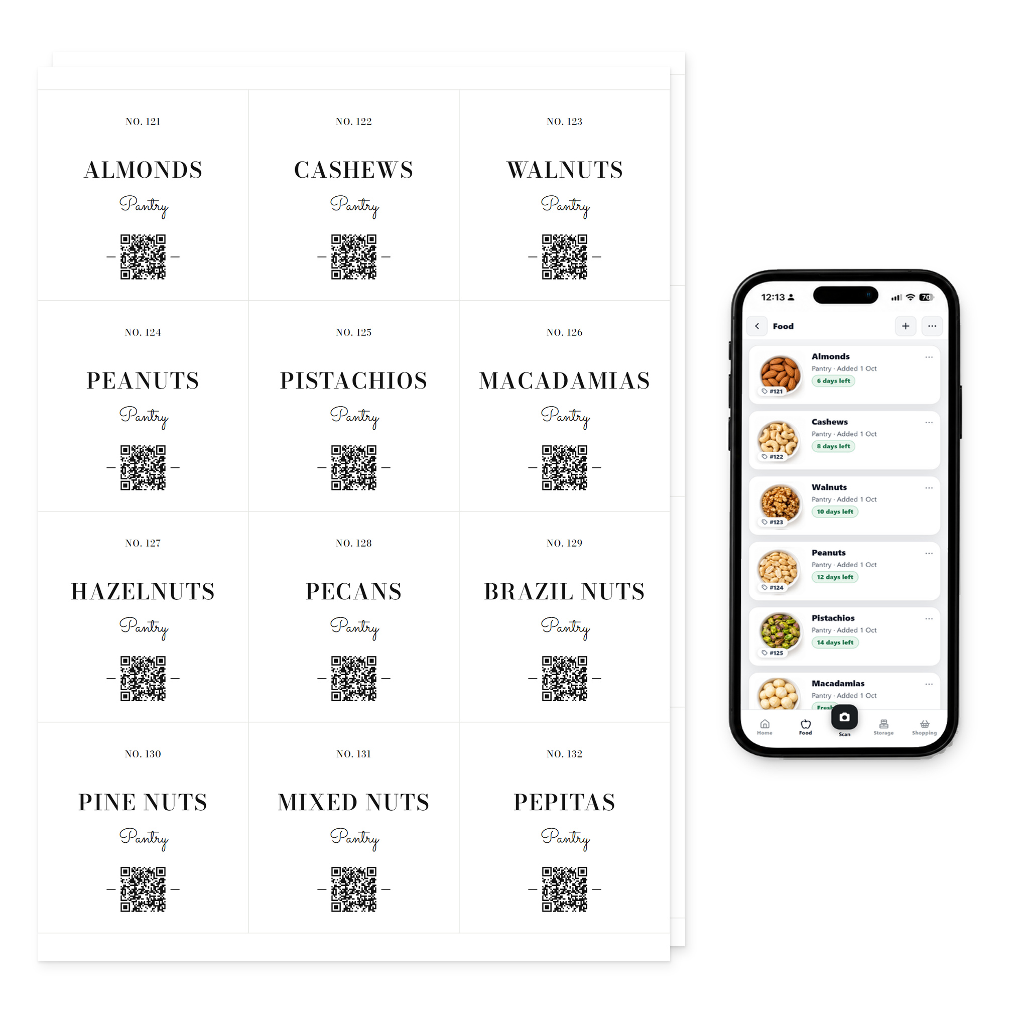 QR Pantry Smart Pantry Labels, Nuts and Seeds, Monte Carlo Collection: two sheets of 12 labels beside a phone showing the QR Pantry app