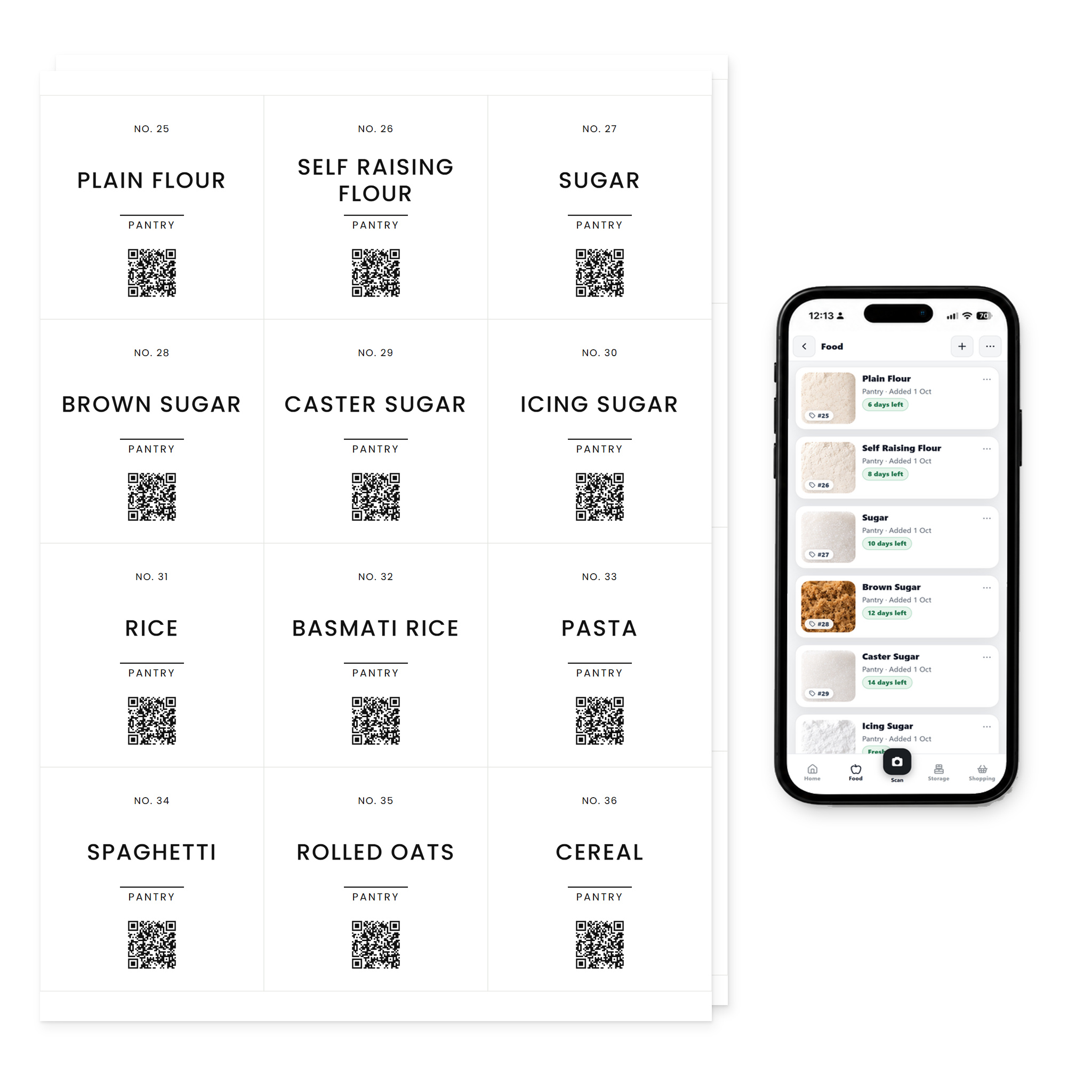 QR Pantry Smart Pantry Labels, Everyday Pantry, Paris Collection: two sheets of 12 labels beside a phone showing the QR Pantry app