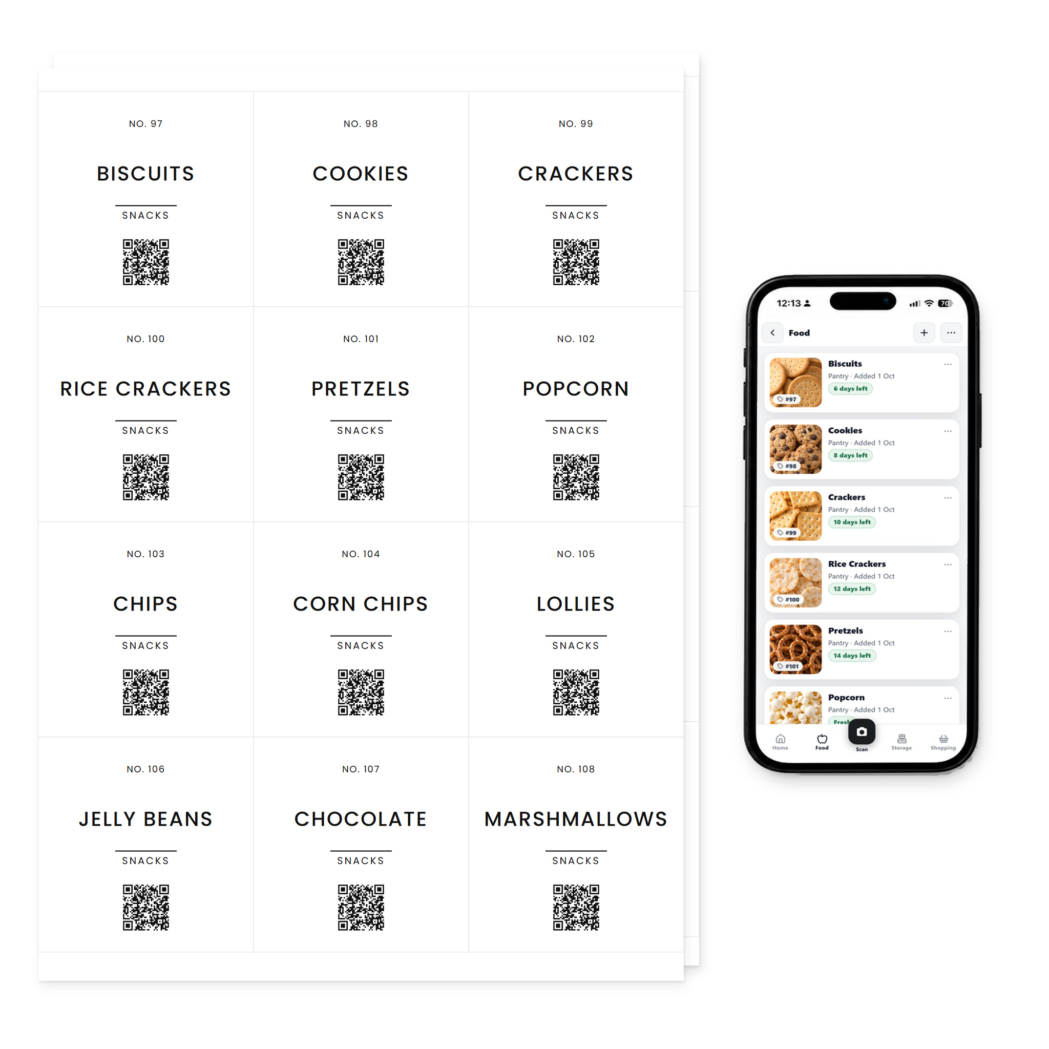 QR Pantry Smart Pantry Labels, Snacks and Treats, Paris Collection: two sheets of 12 labels beside a phone showing the QR Pantry app