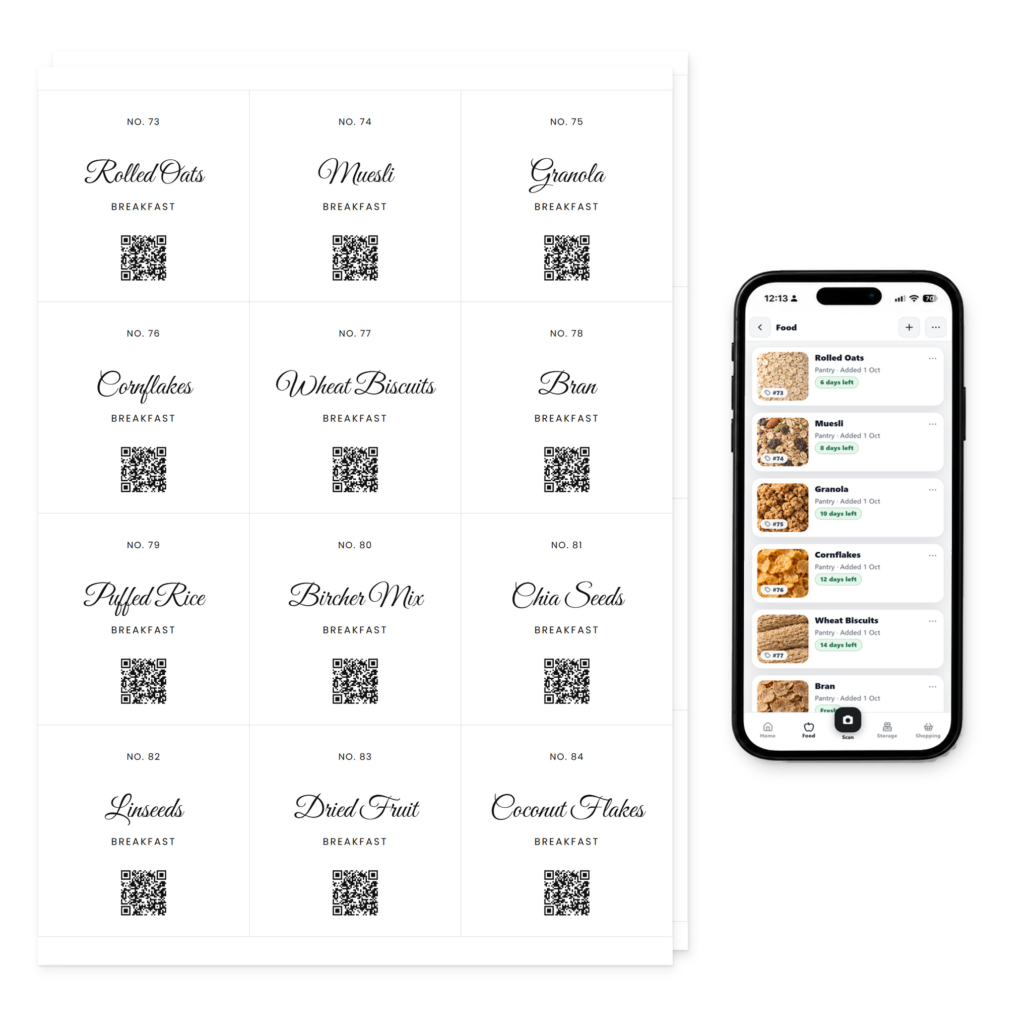 QR Pantry Smart Pantry Labels, Breakfast, Saint Tropez Collection: two sheets of 12 labels beside a phone showing the QR Pantry app
