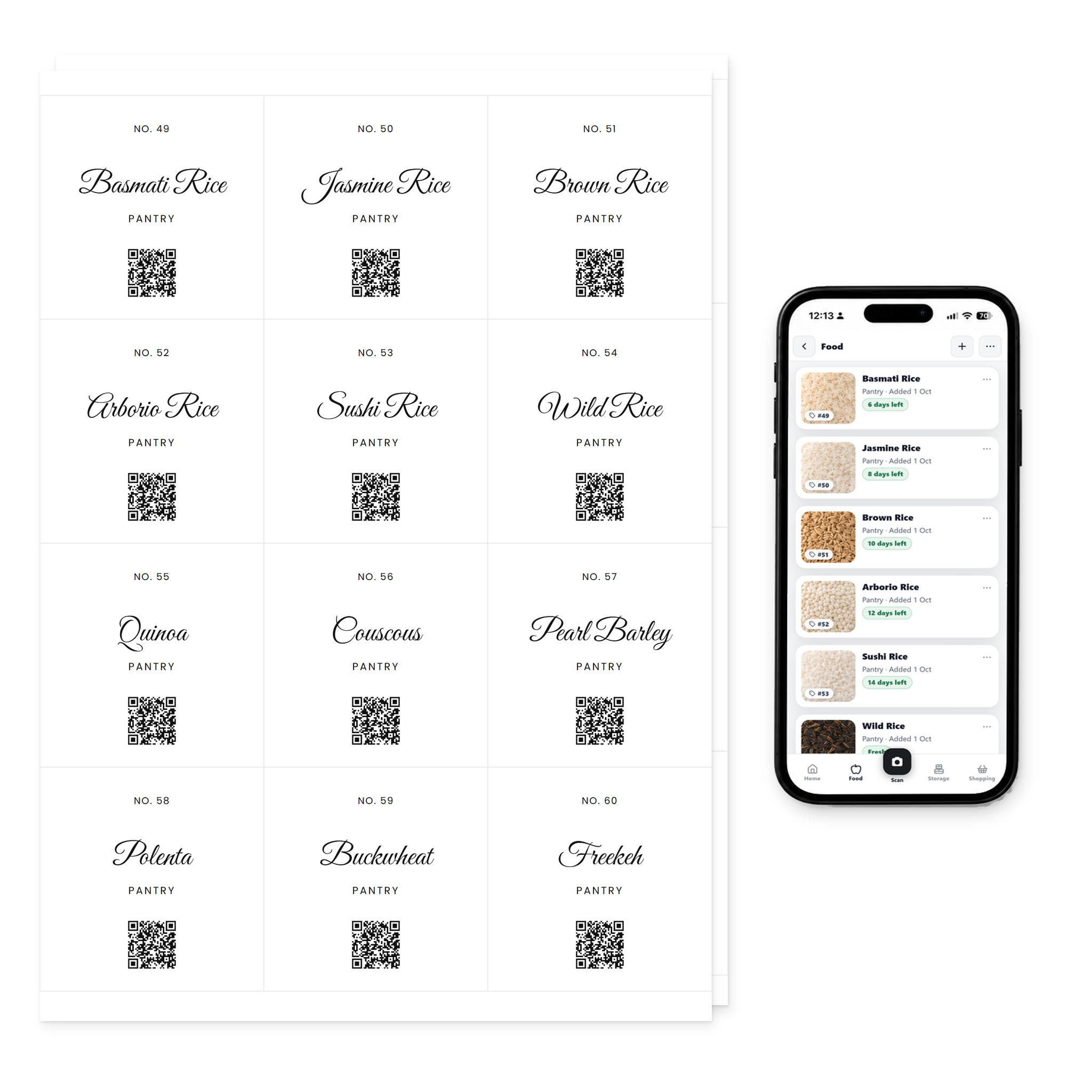 QR Pantry Smart Pantry Labels, Grains and Pasta, Saint Tropez Collection: two sheets of 12 labels beside a phone showing the QR Pantry app
