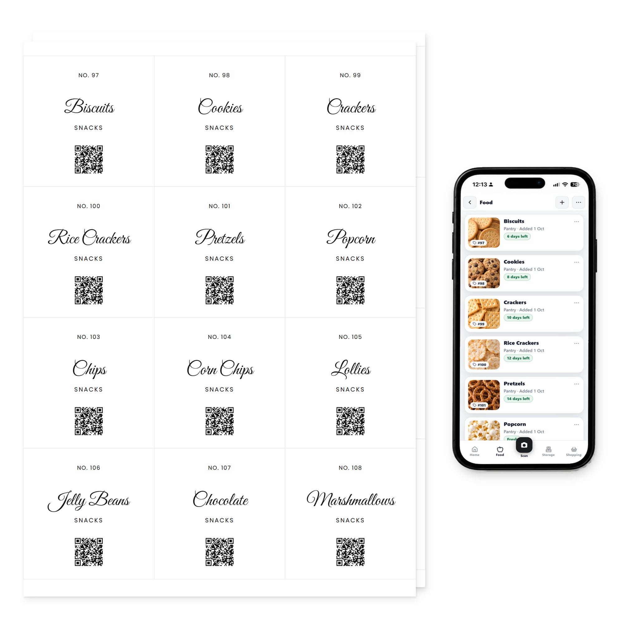 QR Pantry Smart Pantry Labels, Snacks and Treats, Saint Tropez Collection: two sheets of 12 labels beside a phone showing the QR Pantry app