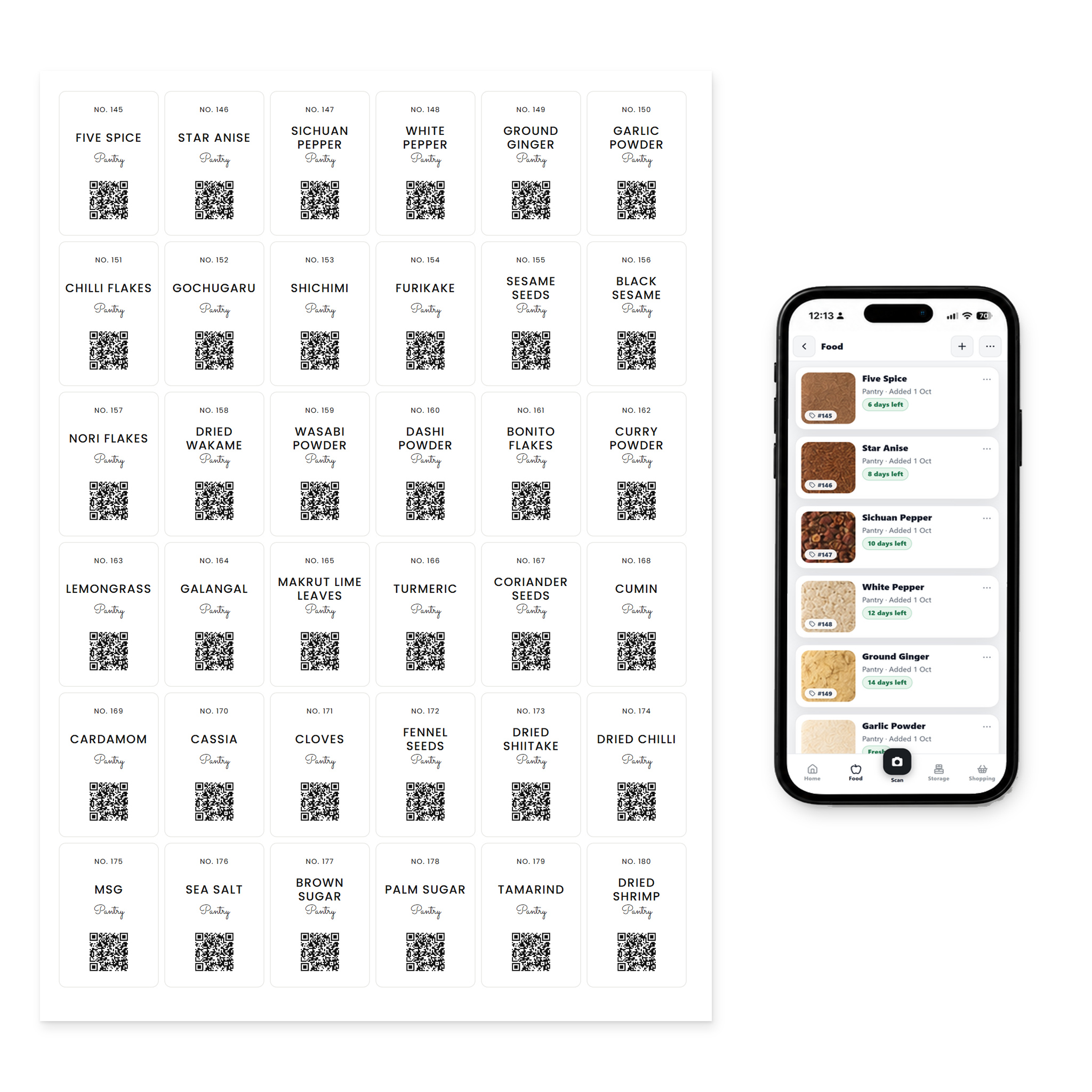 QR Pantry Smart Spice Labels, Asian Pantry, Capri Collection: a sheet of 36 labels beside a phone showing the QR Pantry app