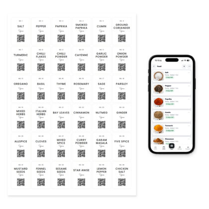 QR Pantry Smart Spice Labels, Everyday Kitchen, Capri Collection: a sheet of 36 labels beside a phone showing the QR Pantry app