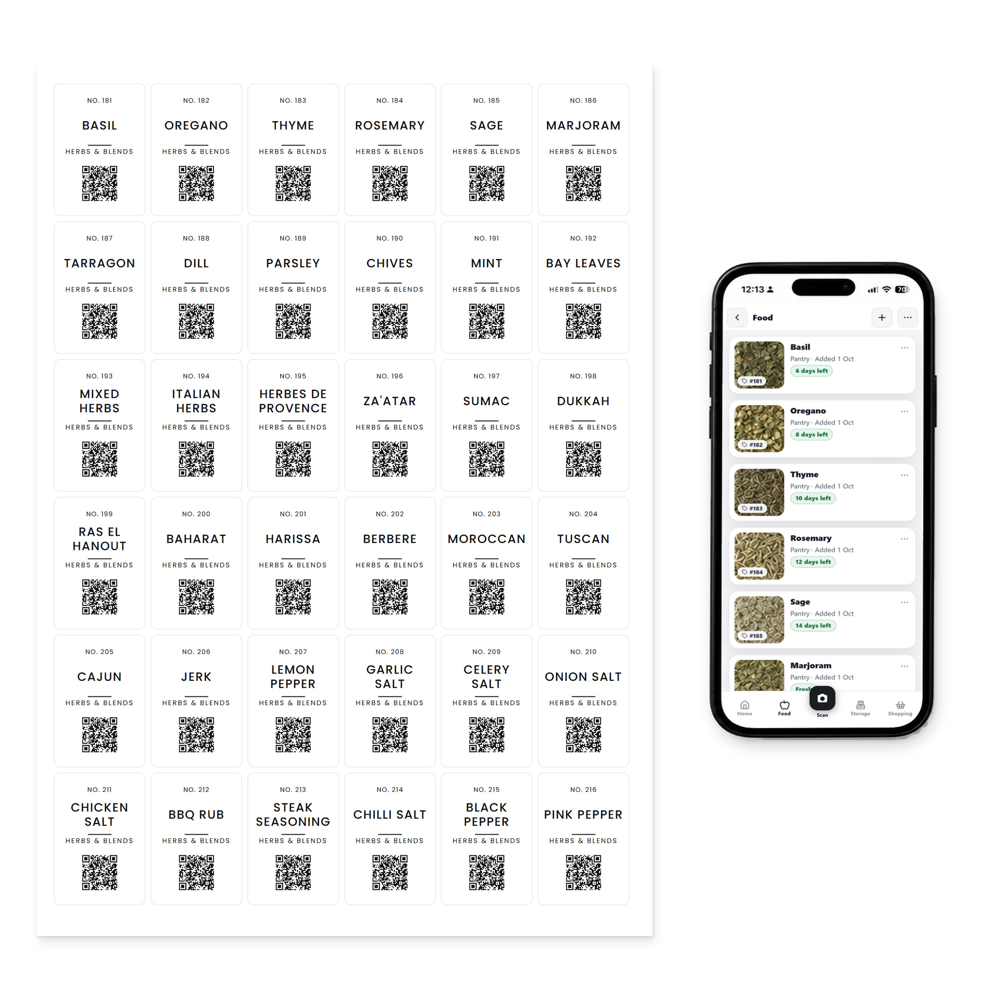 QR Pantry Smart Spice Labels, Herbs and Blends, Paris Collection: a sheet of 36 labels beside a phone showing the QR Pantry app