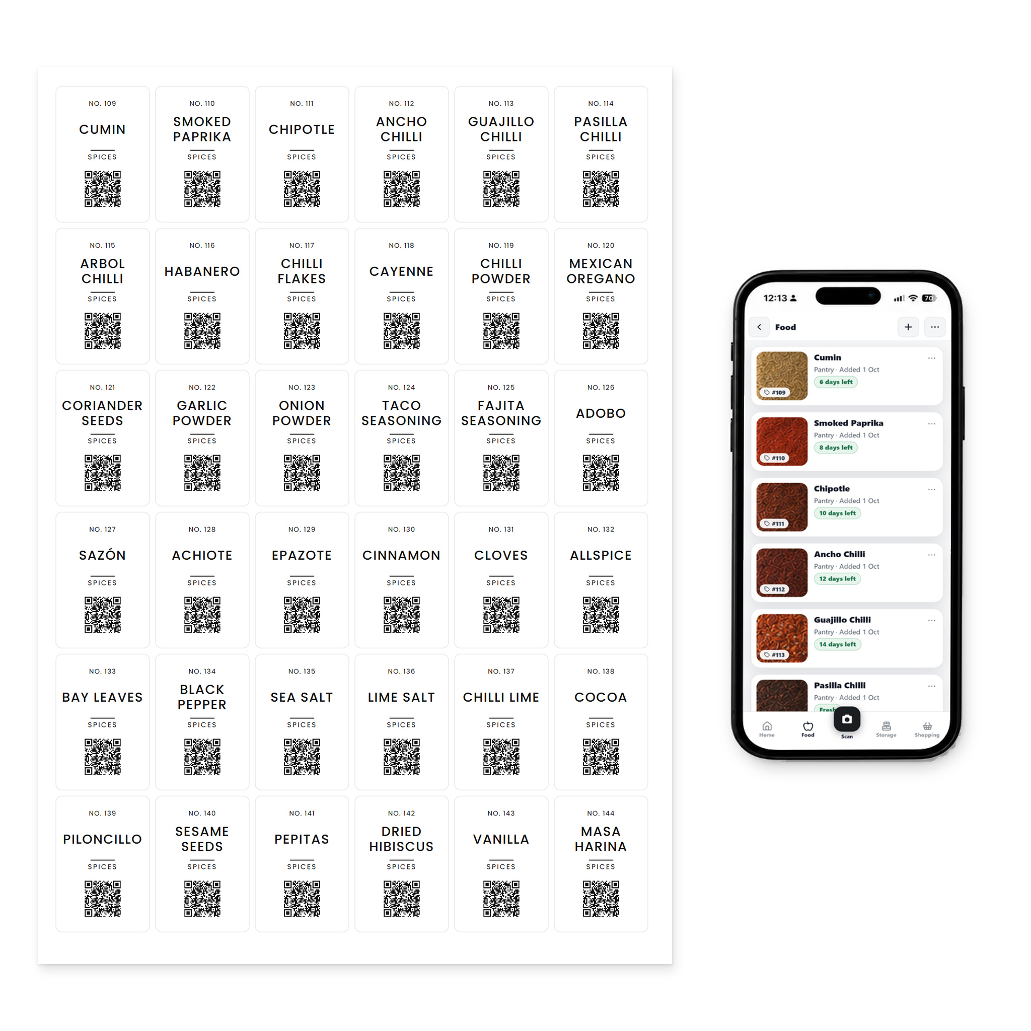 QR Pantry Smart Spice Labels, Mexican and Latin, Paris Collection: a sheet of 36 labels beside a phone showing the QR Pantry app