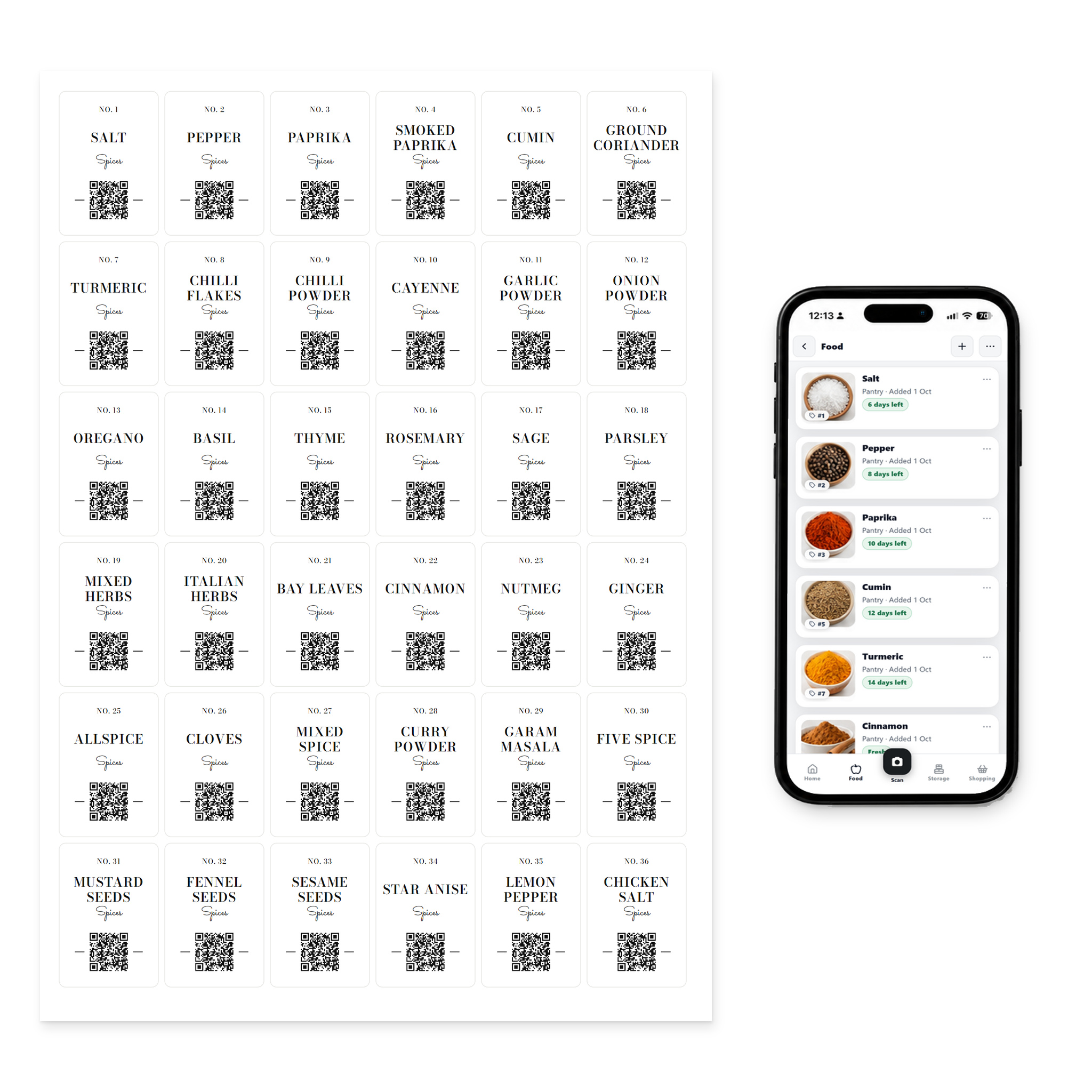 QR Pantry Smart Spice Labels, Everyday Kitchen, Monte Carlo Collection: a sheet of 36 labels beside a phone showing the QR Pantry app