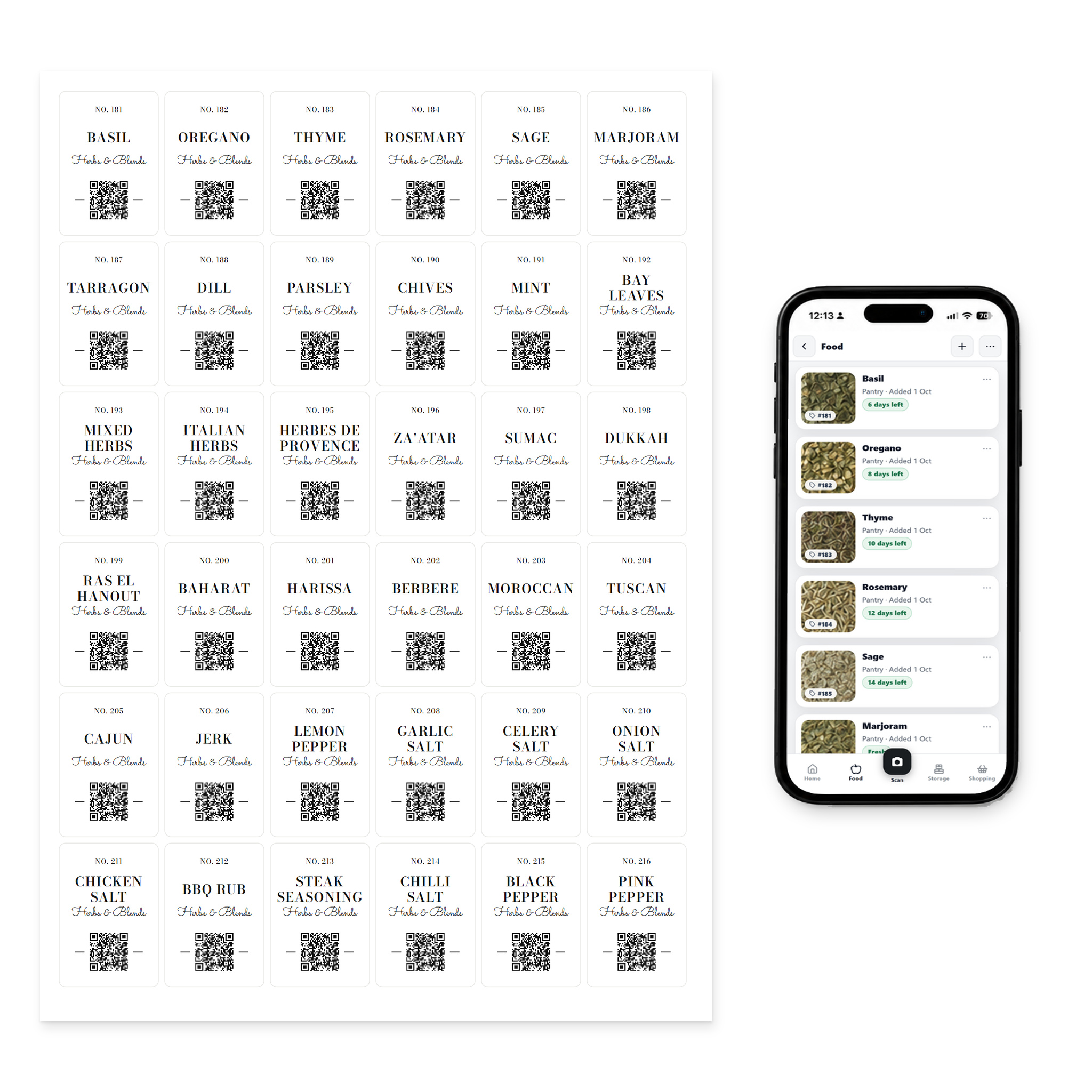 QR Pantry Smart Spice Labels, Herbs and Blends, Monte Carlo Collection: a sheet of 36 labels beside a phone showing the QR Pantry app