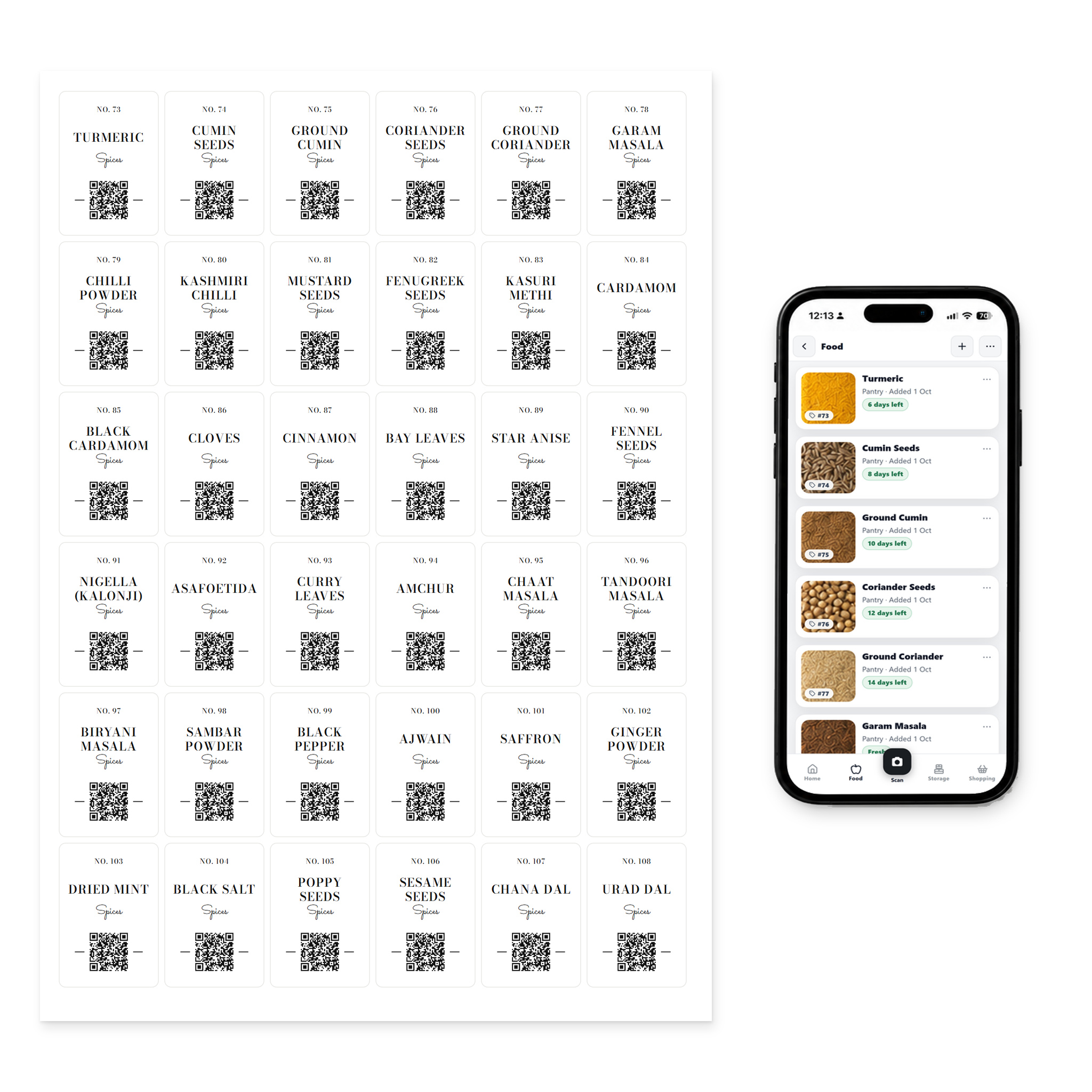 QR Pantry Smart Spice Labels, Indian Kitchen, Monte Carlo Collection: a sheet of 36 labels beside a phone showing the QR Pantry app