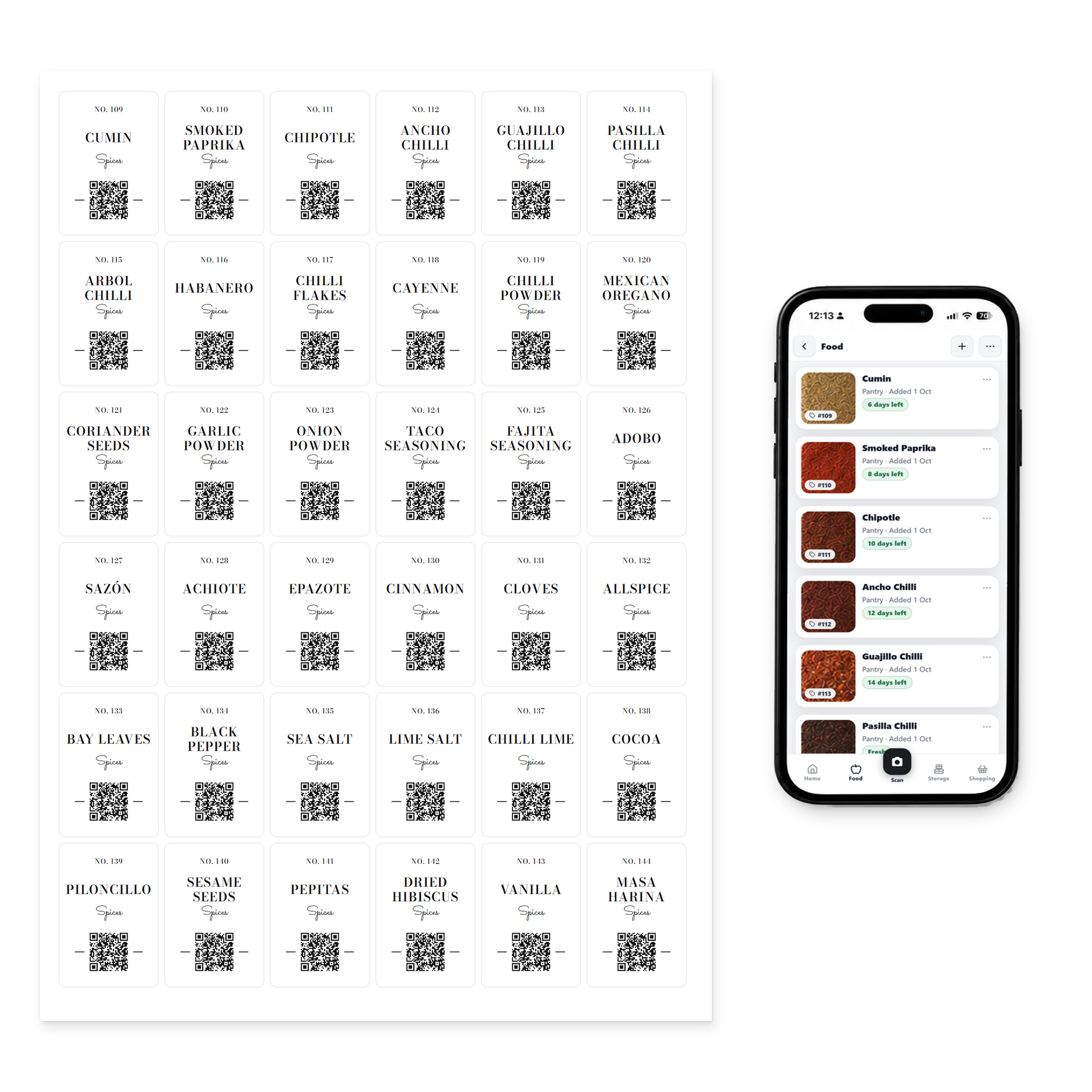 QR Pantry Smart Spice Labels, Mexican and Latin, Monte Carlo Collection: a sheet of 36 labels beside a phone showing the QR Pantry app