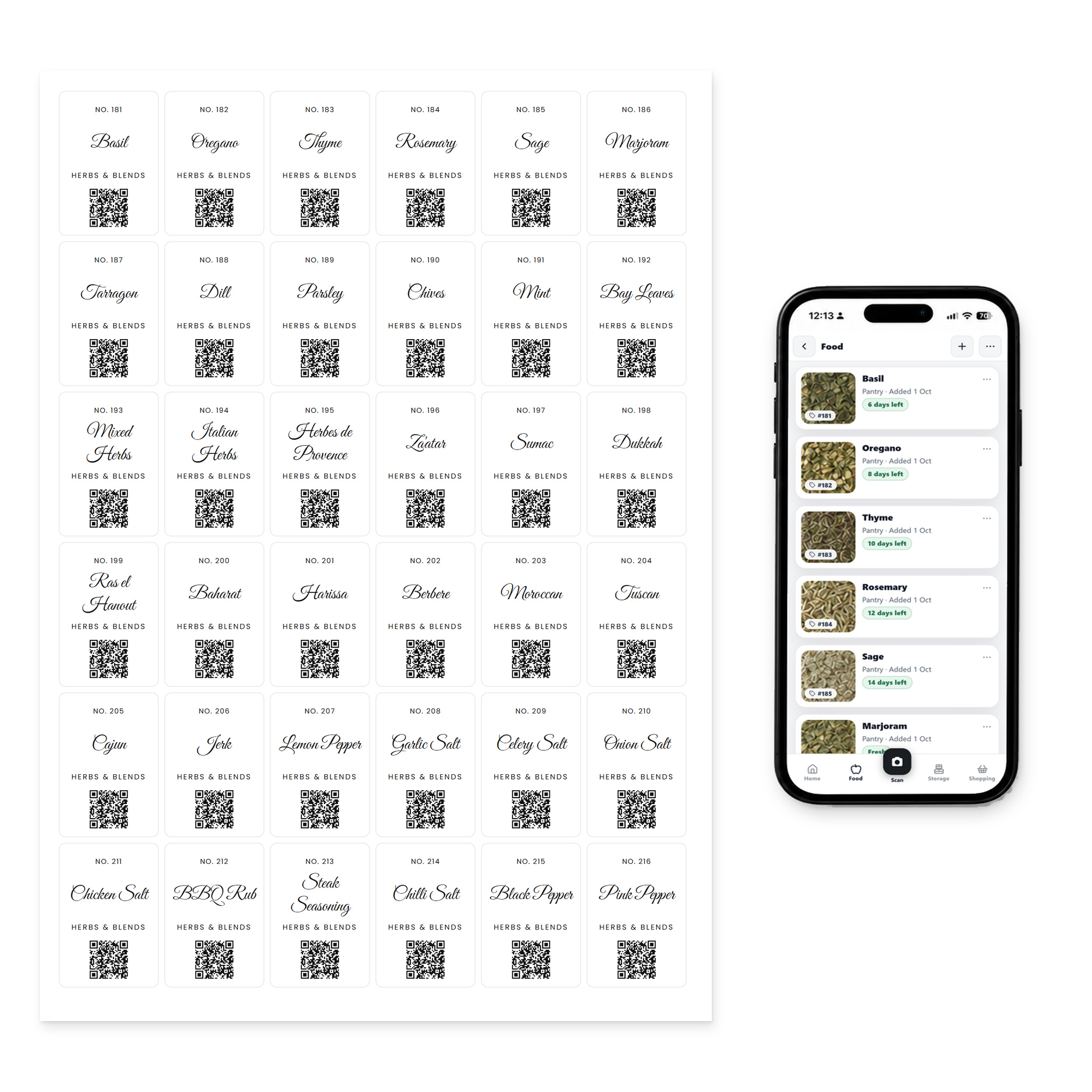 QR Pantry Smart Spice Labels, Herbs and Blends, Saint Tropez Collection: a sheet of 36 labels beside a phone showing the QR Pantry app