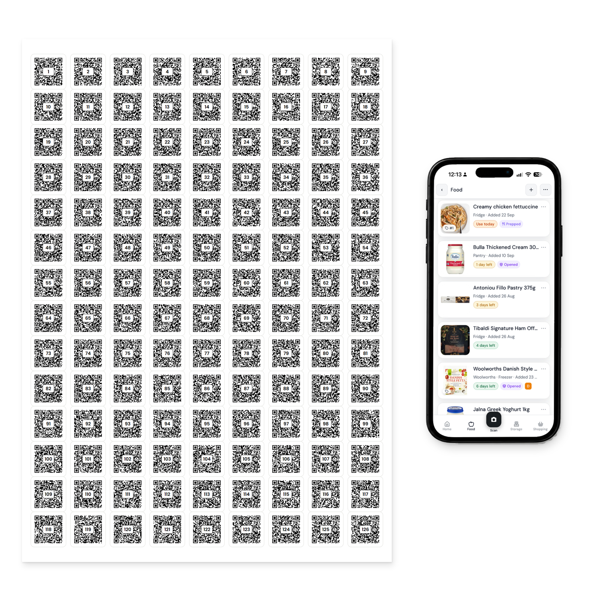QR Pantry Smart Pantry, Fridge & Freezer Labels: a sheet of 126 numbered labels beside a phone showing the QR Pantry app