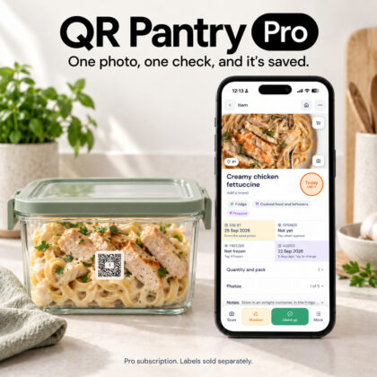 A glass container of creamy chicken fettuccine wearing a QR Pantry label numbered 1, beside a phone showing the item in the QR Pantry app with its use-by date.