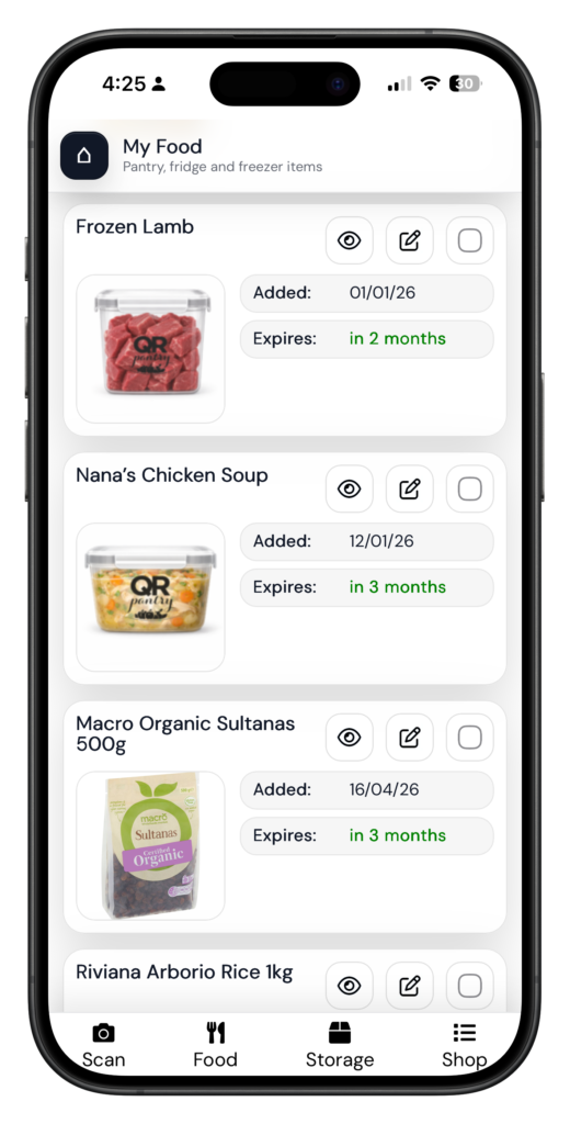 QR Pantry on a phone, showing the details saved to a labelled food container.