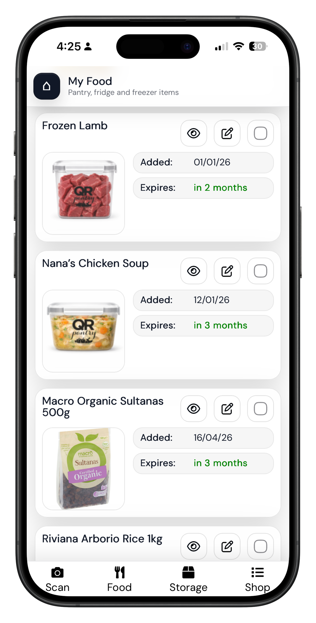 QR Pantry on a phone, showing the details saved to a labelled food container.