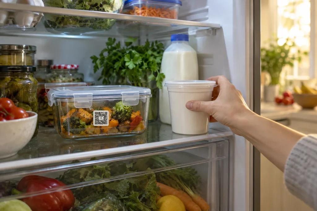 A hand reaching for a plain yoghurt container beside vegetables and a closed glass leftover container with a numbered QR Pantry label in a home fridge.