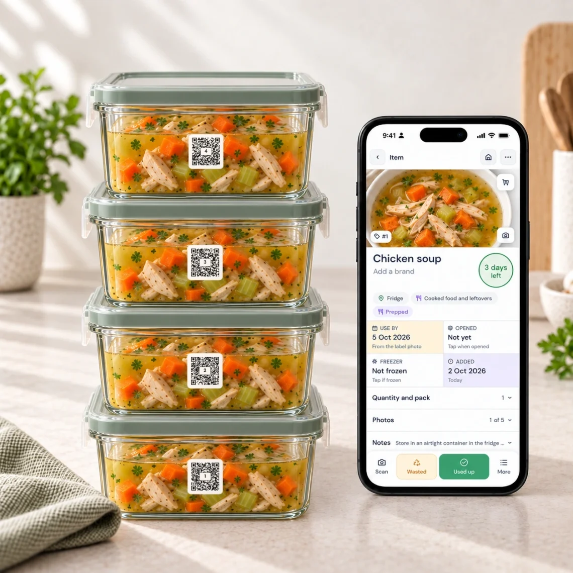 Four labelled containers of chicken soup stacked beside a phone showing a QR Pantry food record.