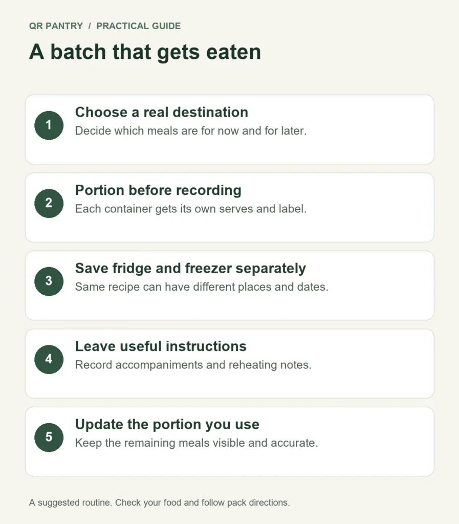 Five-step batch-cooking workflow: choose meal destinations, portion and label, save fridge and freezer portions, leave instructions, then update as you eat.