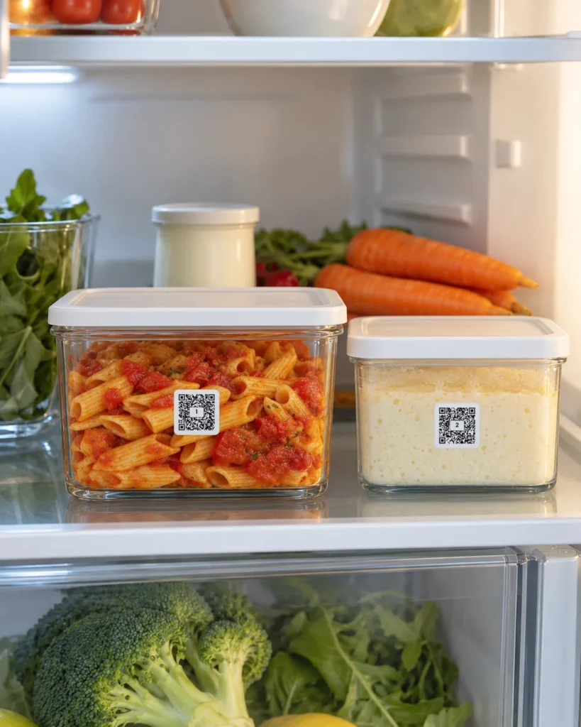 Two closed glass food containers with numbered QR Pantry labels on their fronts, on a fridge shelf.