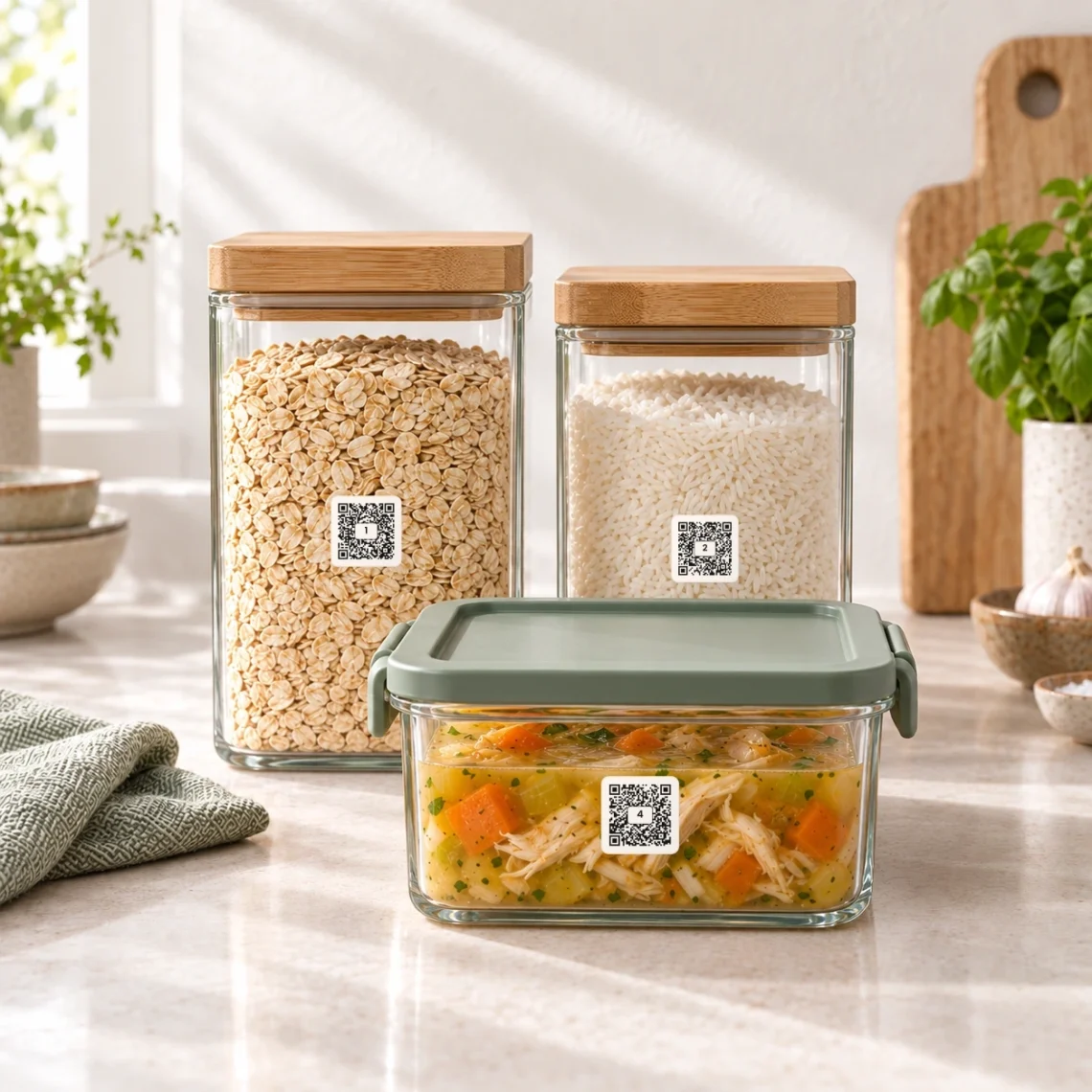 Pantry jars and a prepared meal container with QR Pantry labels in a bright kitchen.