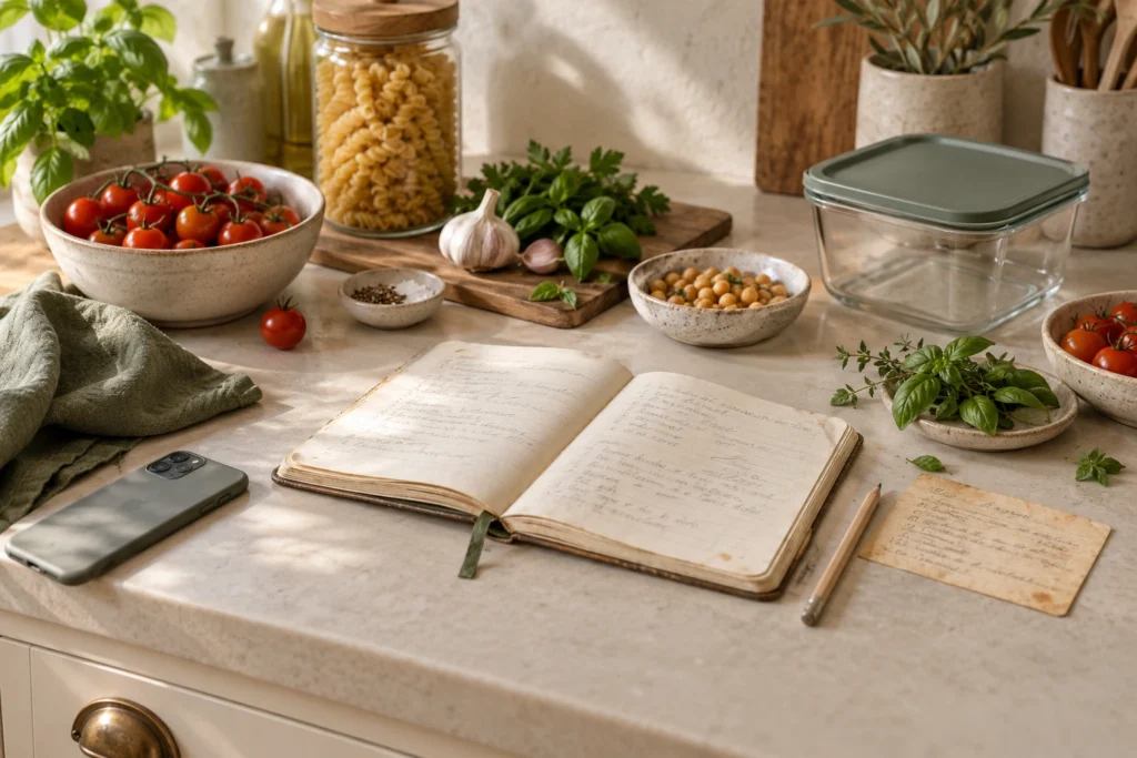 A well-used recipe notebook, recipe card and phone beside tomatoes, pasta, chickpeas and herbs.