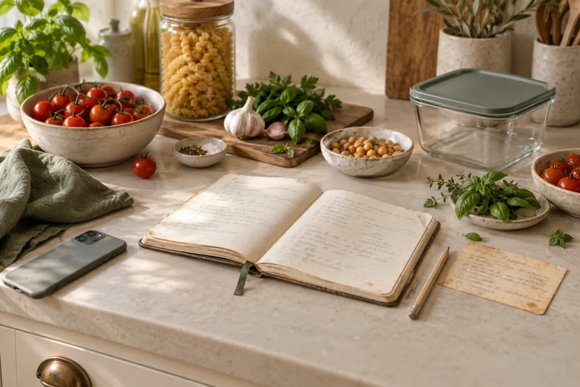 A well-used recipe notebook, recipe card and phone beside tomatoes, pasta, chickpeas and herbs.