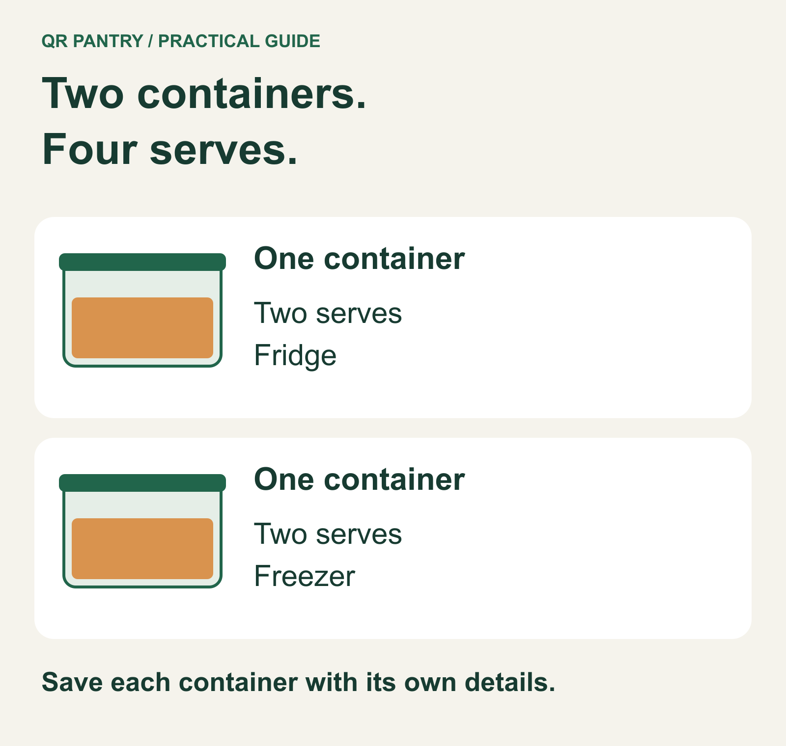 Two separate containers each hold two serves, giving four serves in total.