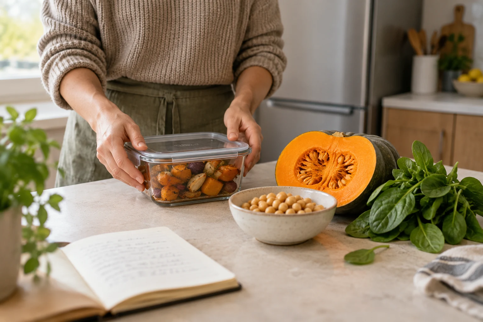 A person sets down a container of cooked vegetables beside pumpkin, spinach and chickpeas while planning a meal.