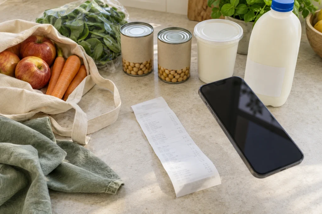 A paper grocery receipt, phone and modest grocery shop on a bright kitchen bench.