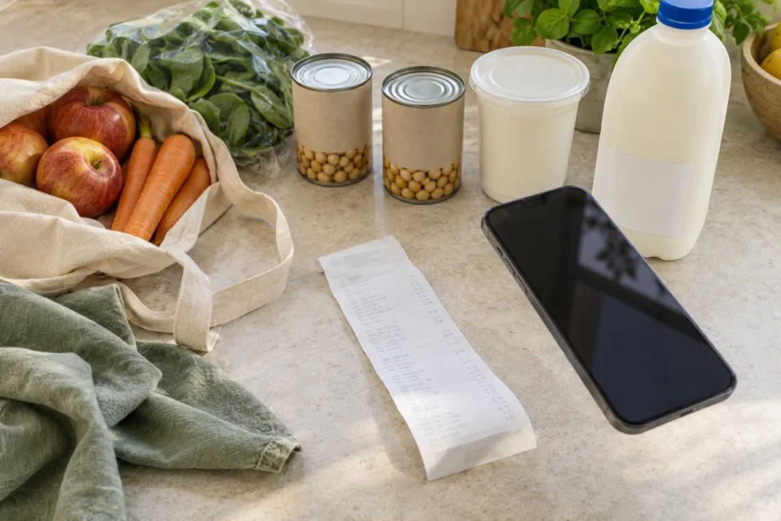 A paper grocery receipt, phone and modest grocery shop on a bright kitchen bench.