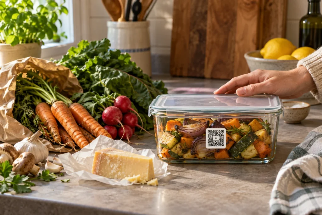 Loose vegetables, hard cheese in plain deli paper and a closed glass container of roast vegetables with a numbered QR Pantry label on a kitchen bench.
