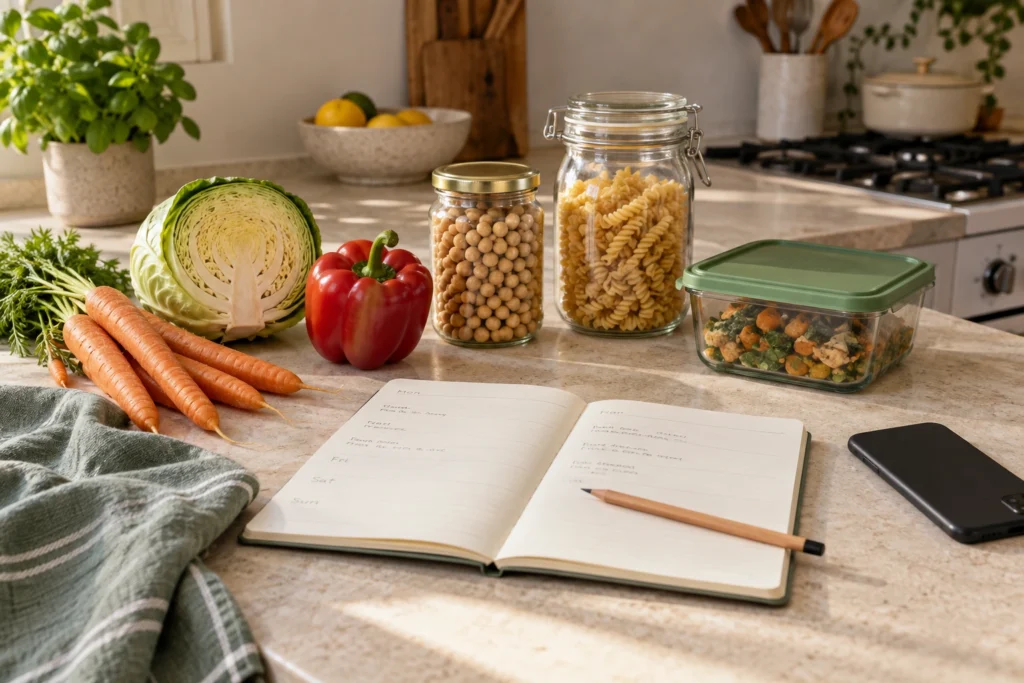 Vegetables, chickpeas, a meal container and weekly planner with a phone face-down on a kitchen bench.
