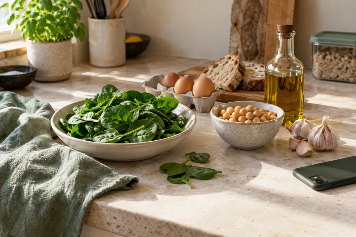 Spinach, eggs, chickpeas and bread on a kitchen bench with a phone face-down beside them.