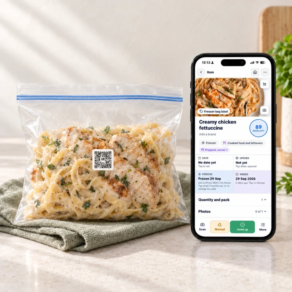 A labelled freezer bag of creamy chicken fettuccine beside a phone showing its QR Pantry food record.