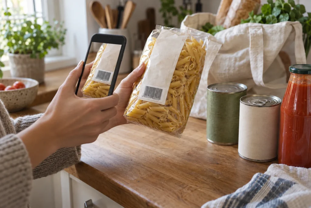 Hands holding an unbranded grocery packet and aiming a phone at the linear barcode on its back, beside a small grocery shop.