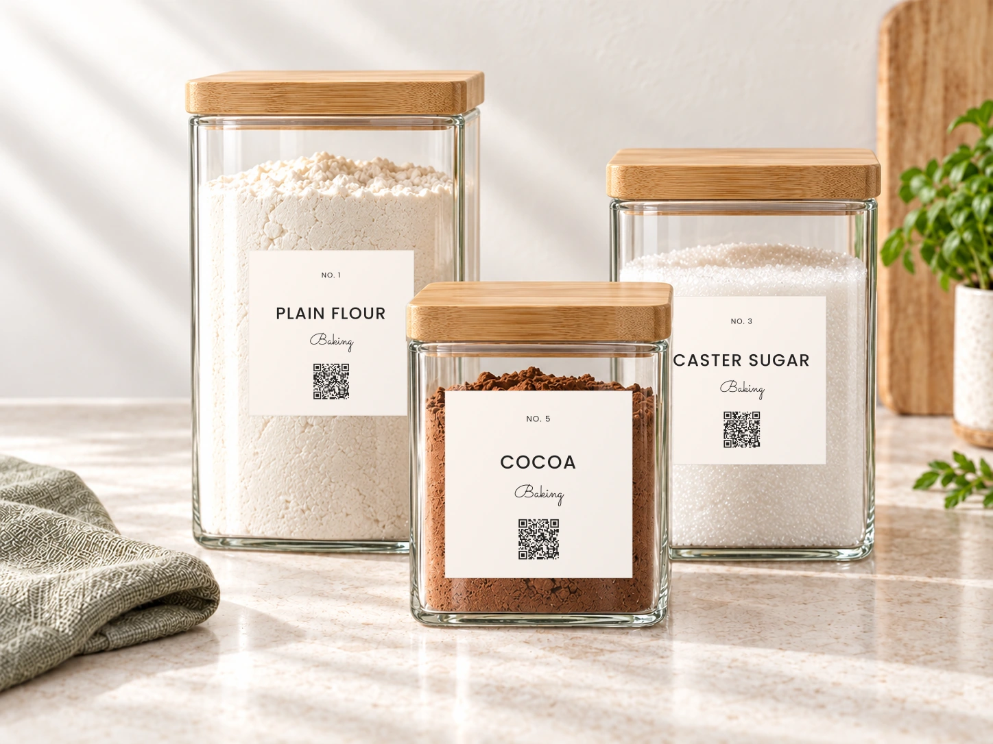 Flour, caster sugar and cocoa canisters on a kitchen bench wearing custom printed Capri labels