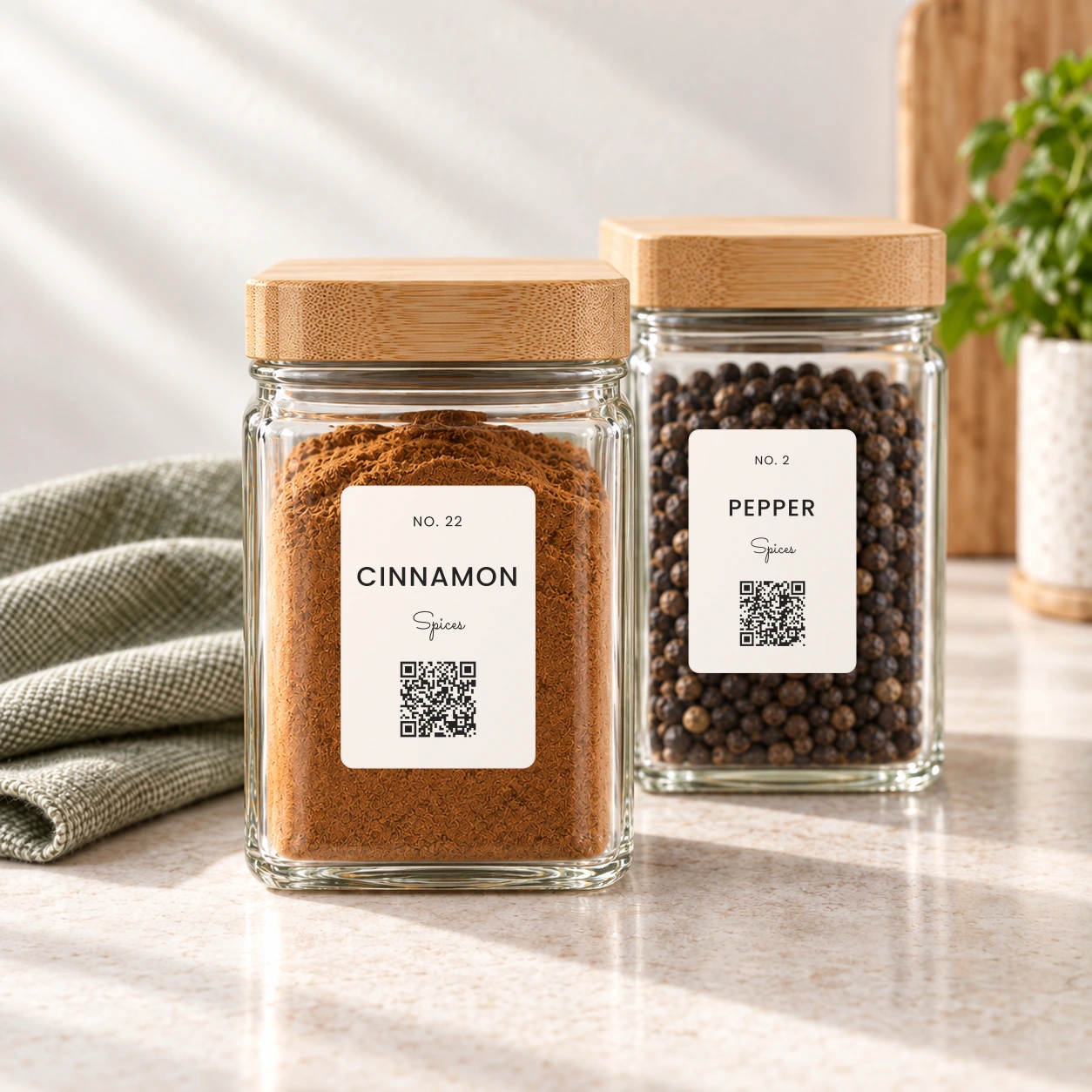 Custom spice labels in the Capri style on cinnamon and pepper jars