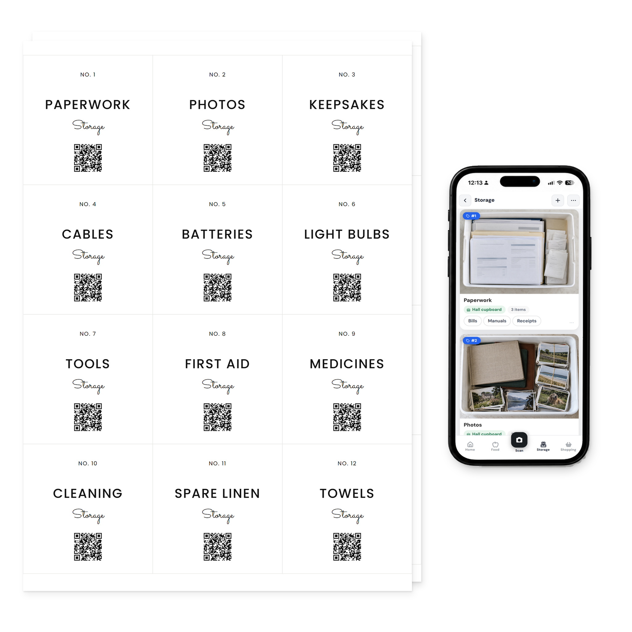 QR Pantry Smart Storage Labels, Around the Home, Capri Collection: two sheets of 12 labels beside a phone showing the QR Pantry app