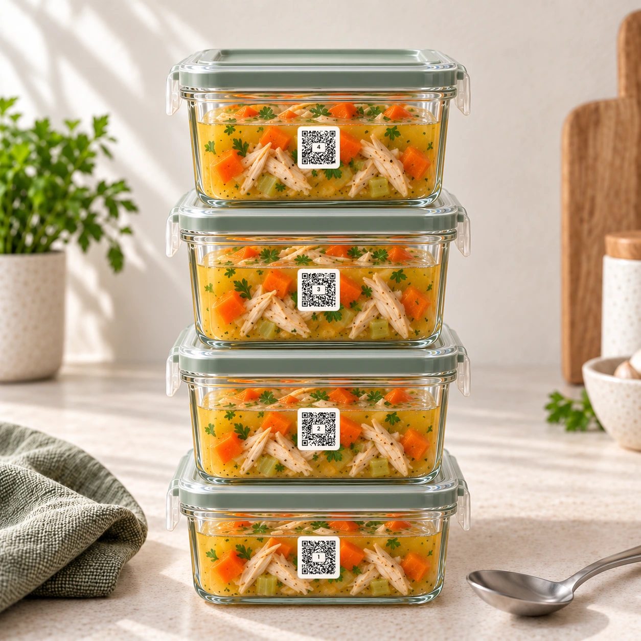 Meal prep containers with QR Pantry labels