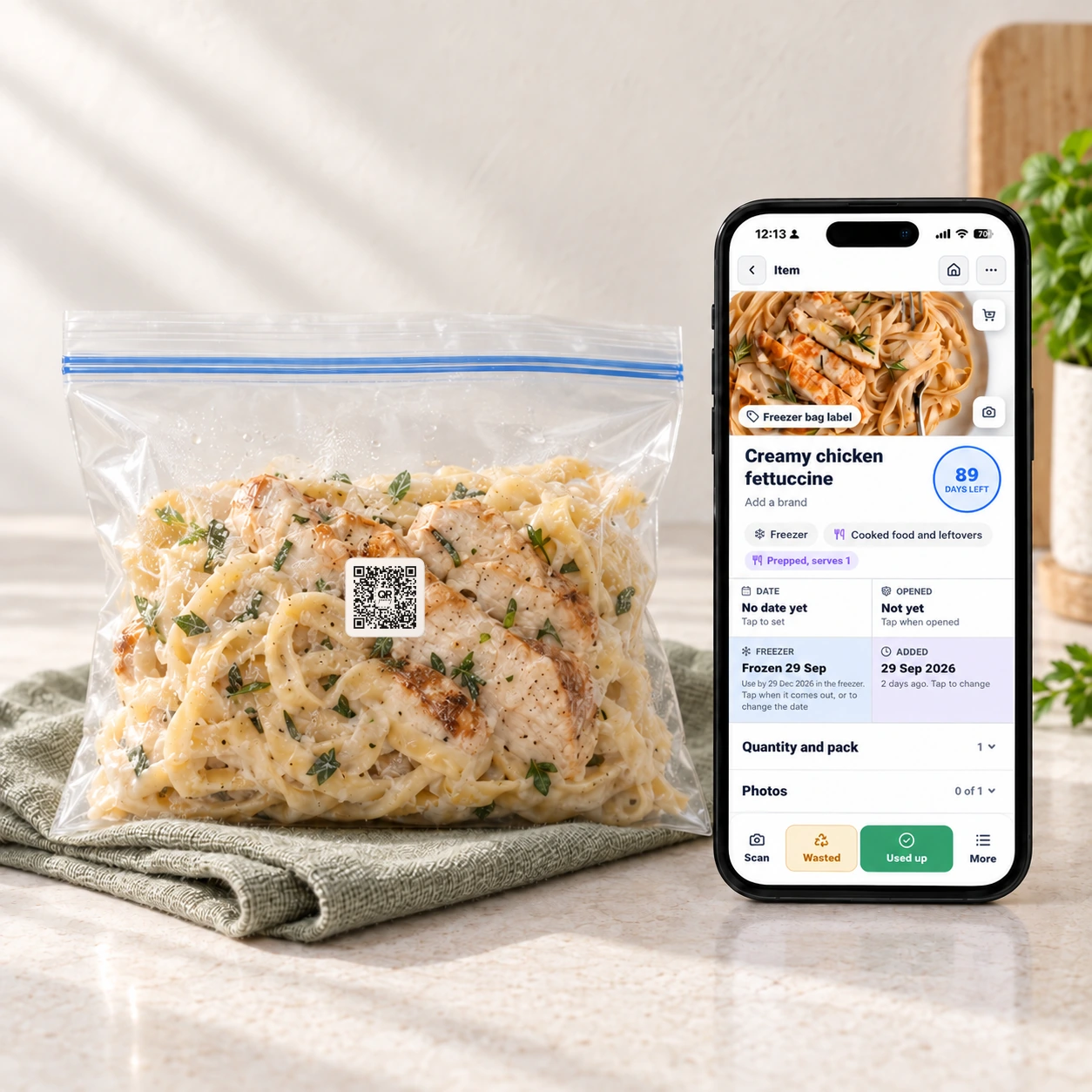 A freezer bag of chicken fettuccine with a QR Pantry label, and the same item open in the QR Pantry app