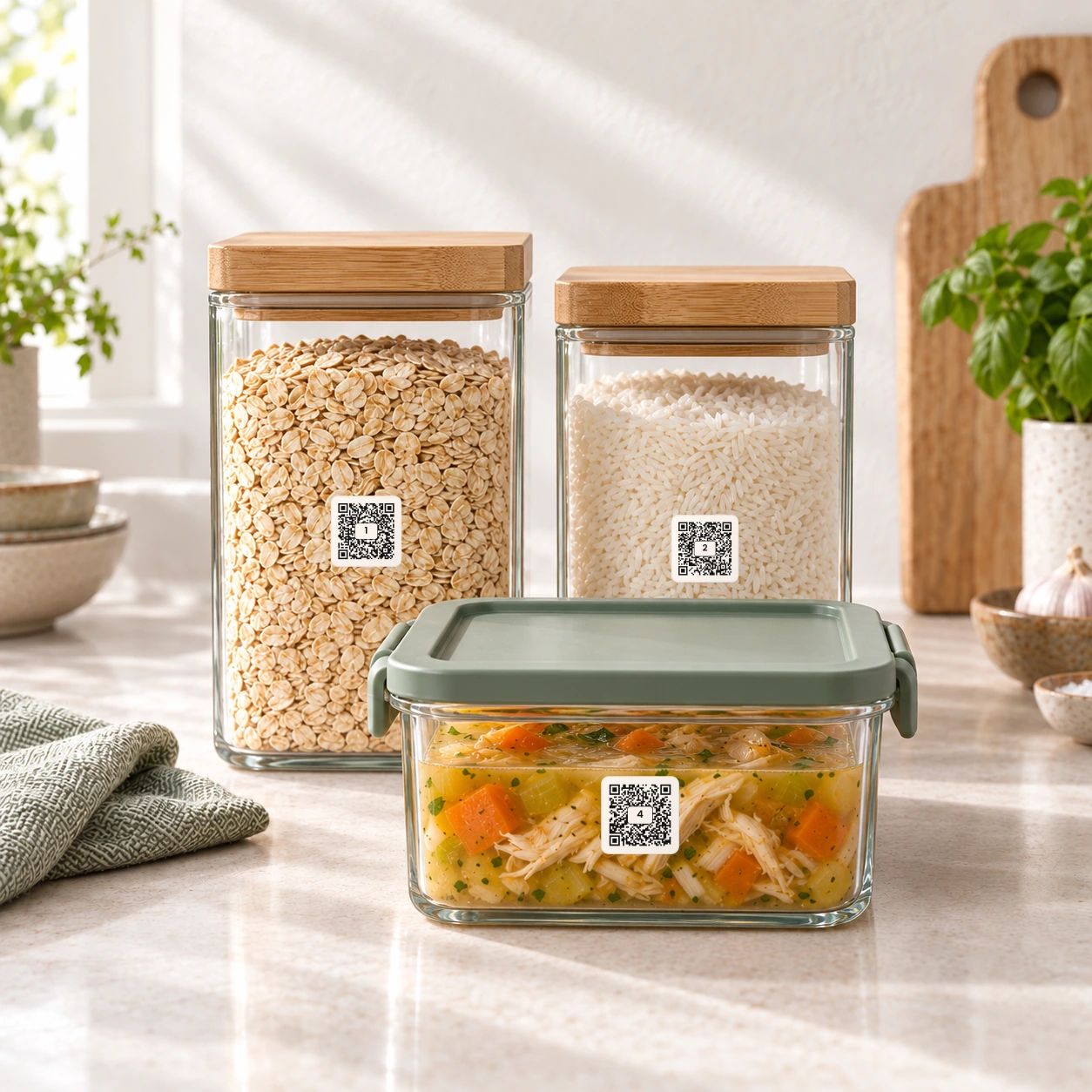 Canisters of oats and rice and a container of chicken soup on a kitchen bench, each wearing a numbered QR Pantry label