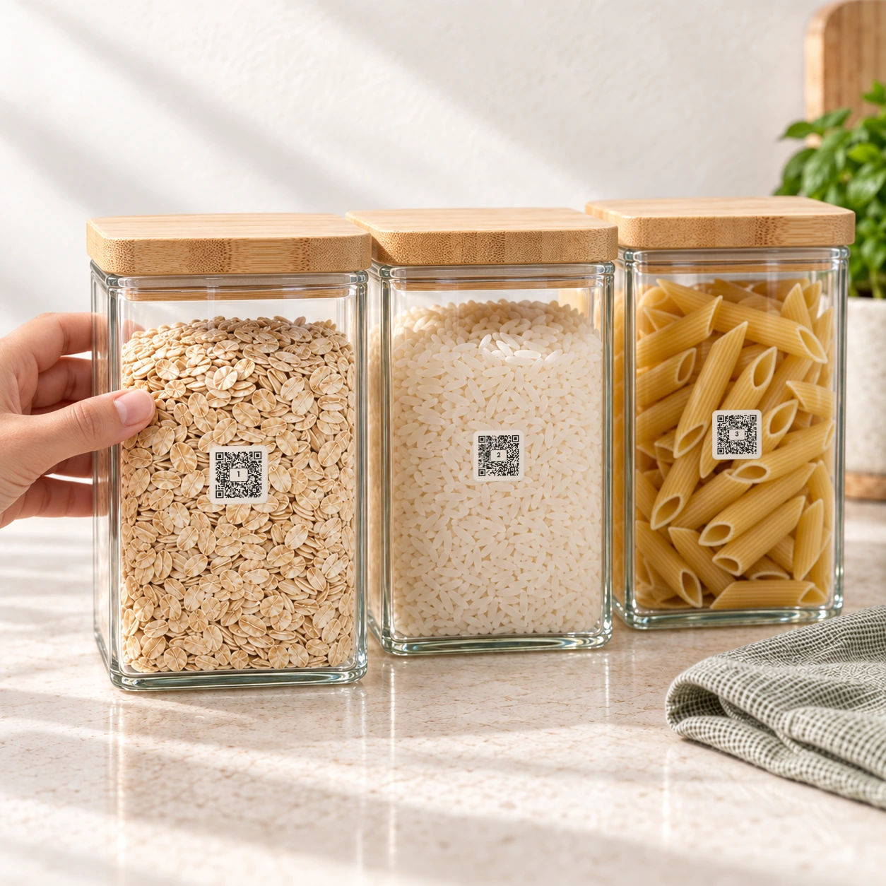 Oats, rice and penne canisters, each wearing a small numbered QR Pantry label