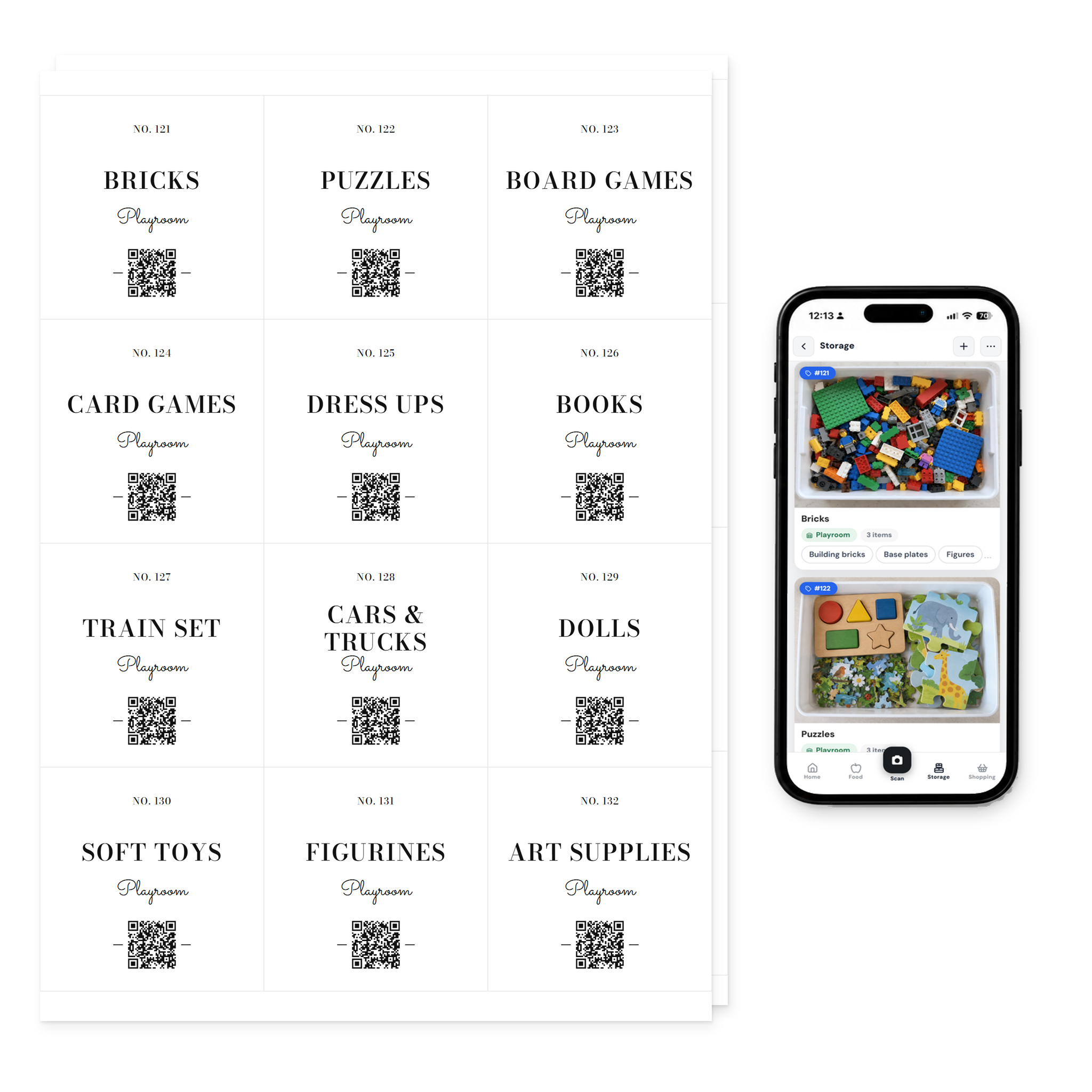 QR Pantry Smart Storage Labels, Kids and Play, Monte Carlo Collection: two sheets of 12 labels beside a phone showing the QR Pantry app