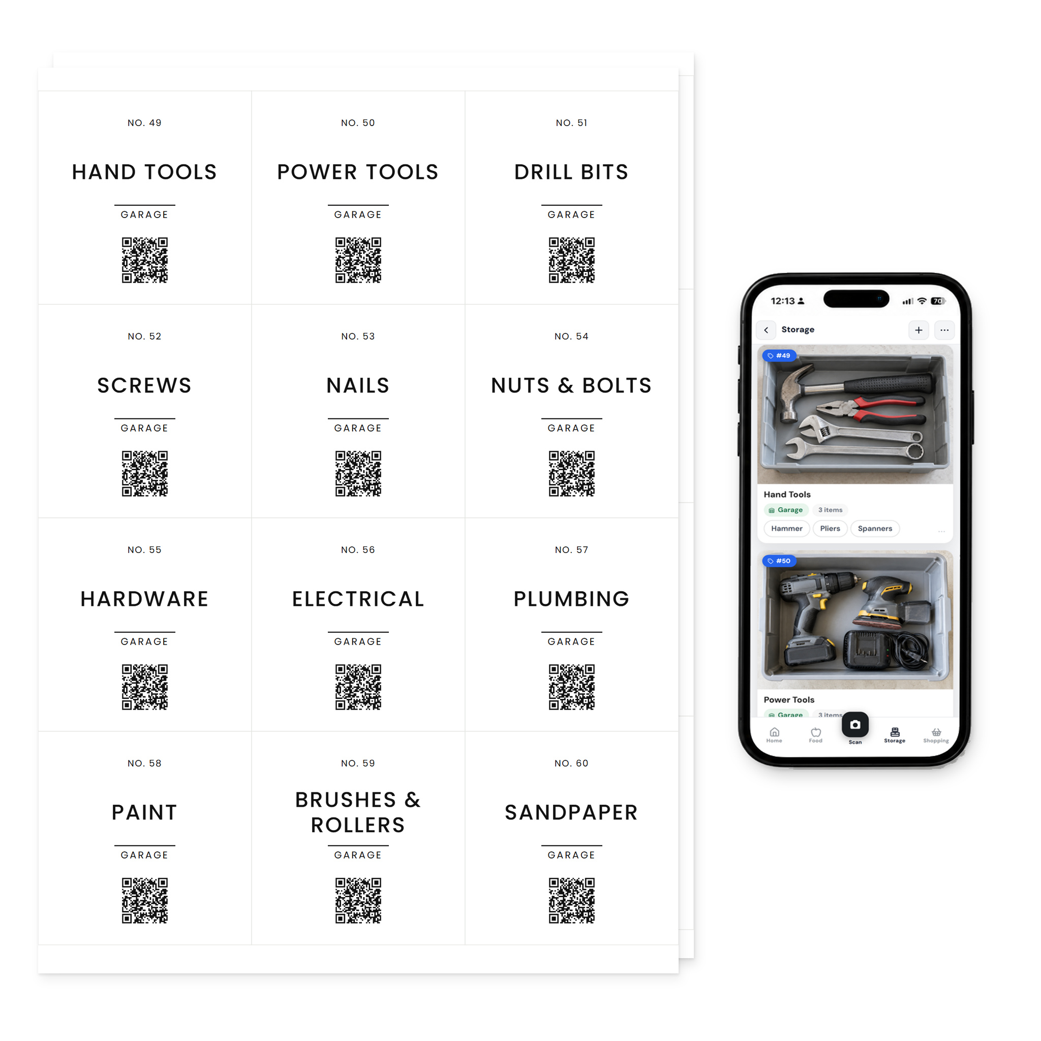 QR Pantry Smart Storage Labels, Garage and Shed, Paris Collection: two sheets of 12 labels beside a phone showing the QR Pantry app