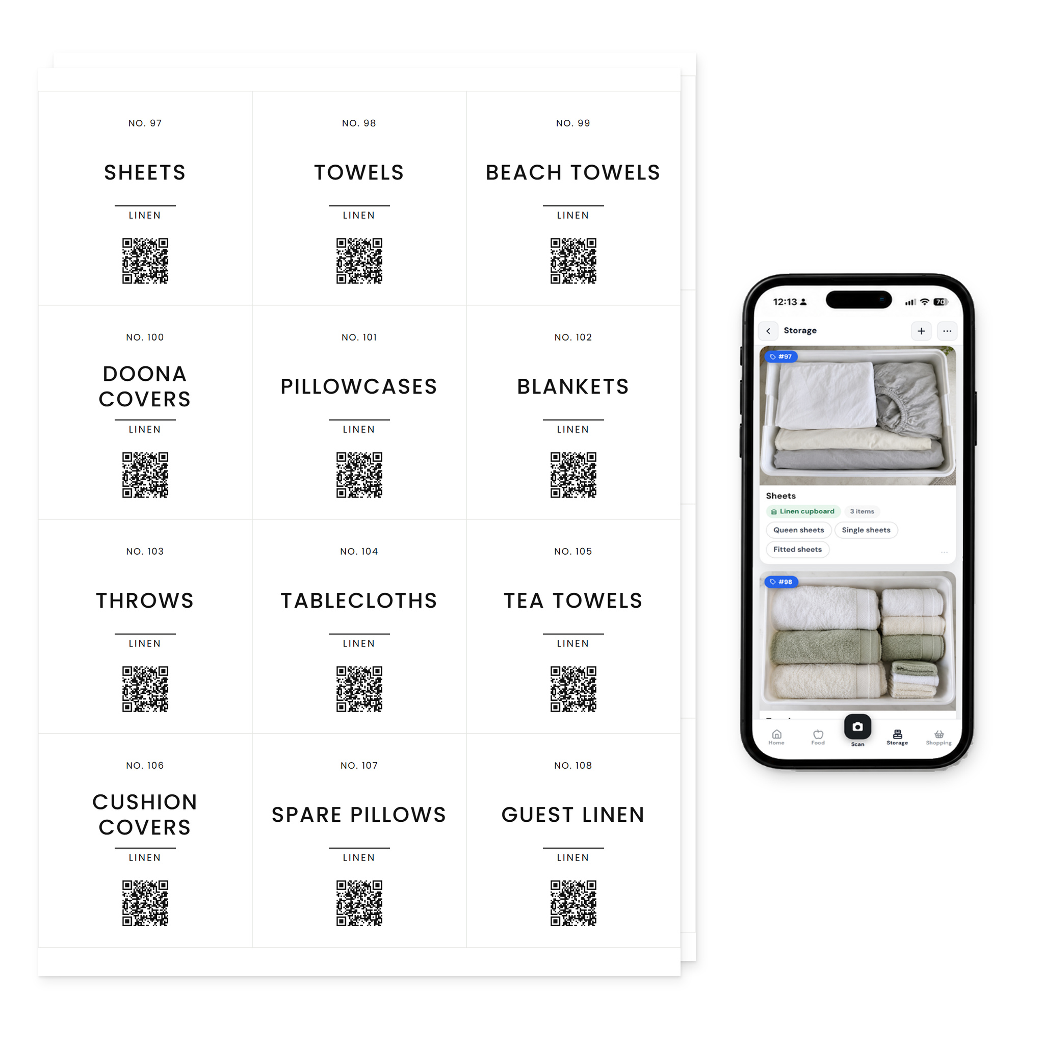 QR Pantry Smart Storage Labels, Linen and Wardrobe, Paris Collection: two sheets of 12 labels beside a phone showing the QR Pantry app