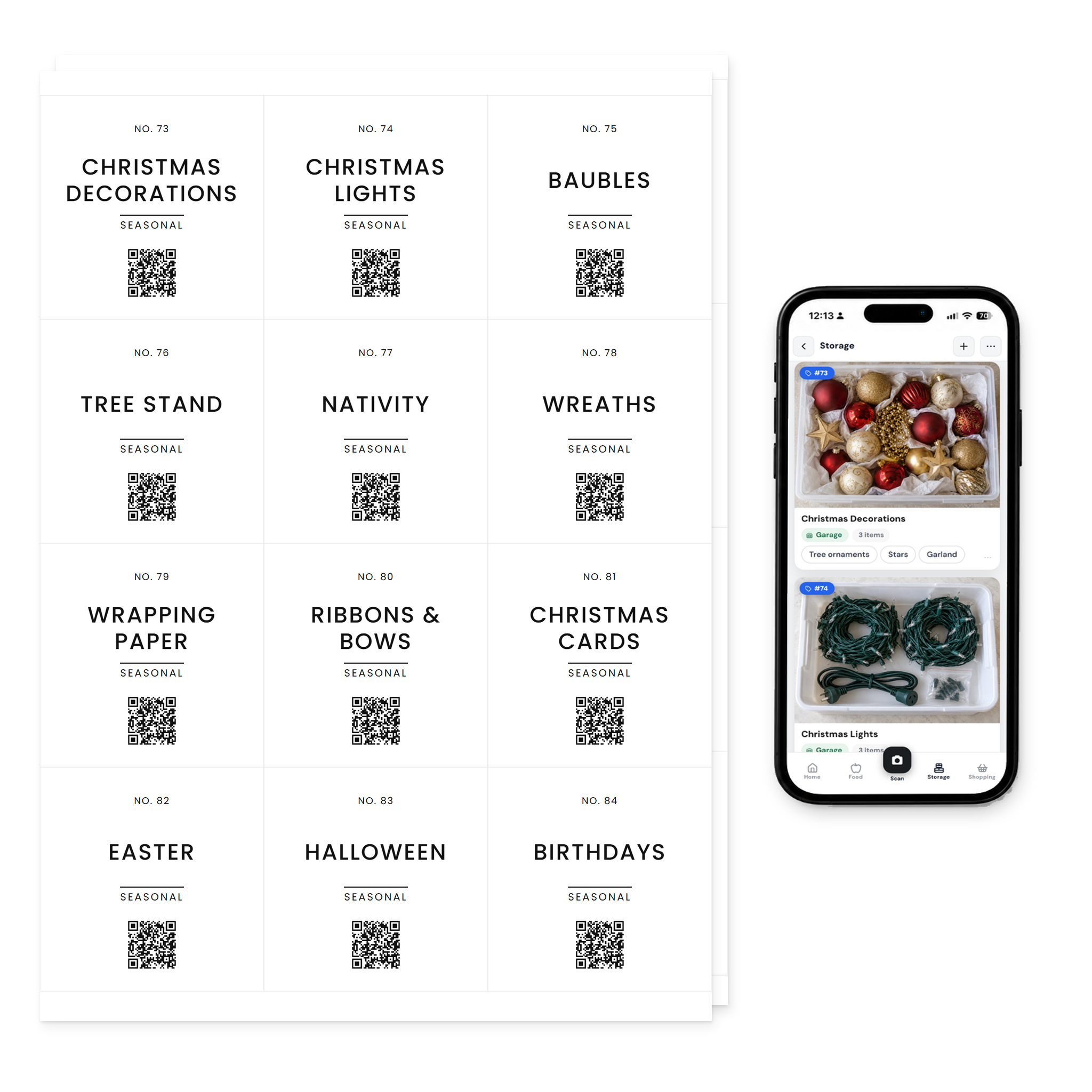QR Pantry Smart Storage Labels, Seasonal, Paris Collection: two sheets of 12 labels beside a phone showing the QR Pantry app