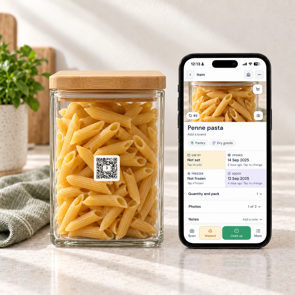 The app showing the saved details for the jar of penne beside it
